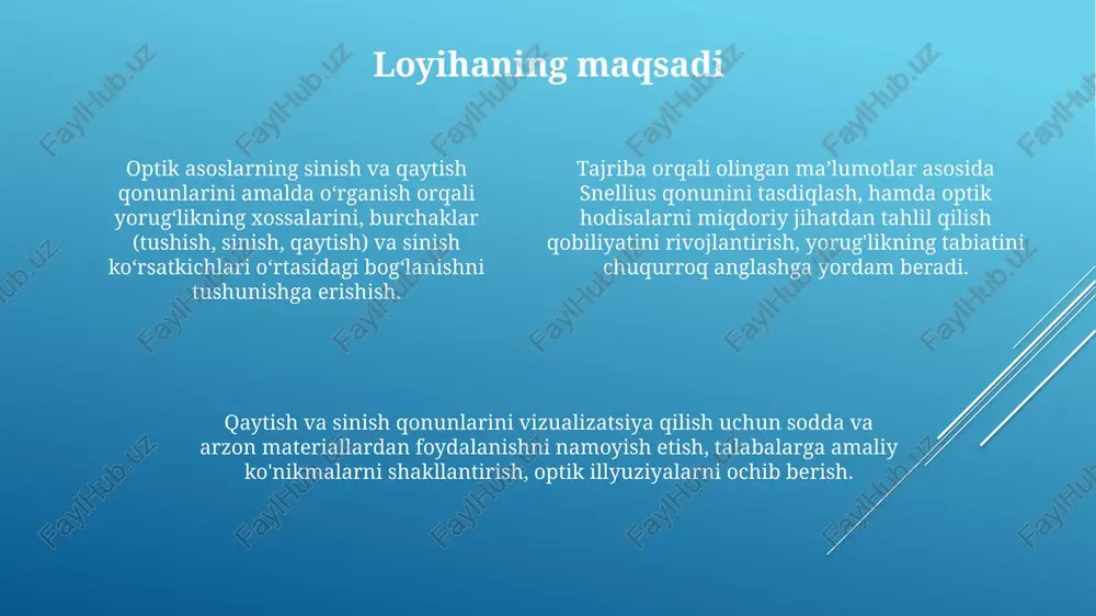 t to’plashda kamida 3 xil material: shisha, suv va organik moddalarning yorugʻlik sinishi boʻyicha eksperimental natijalarini, burchaklarni aniqlik bilan o'lchab olish talab etiladi. ma’lumotlarni yig’ish bosqichida 17-asr olimlari willebrord snellius va pyer de sermaning amaliy kuzatuvlar va matematik formulalarini o’rganib, optik qonuniyatlarni topish lozim. hisoblashlar va tahlil ma'lumotlarni tahlil qilishda xatoliklarni hisobga olish zarur: xatolikni aniqlash uchun oʻlchashlar soni yetarli bo'lishi, asbob xatoliklari hamda usullarning aniqligi inobatga olinishi kerak. sinish koeffitsientini hisoblashda snellius qonunidan foydalaniladi: n₁sinθ₁ = n₂sinθ₂, bunda n₁ va n₂ – muhitlarning sinish koeffitsientlari, θ₁ va θ₂ – tushish va sinish burchaklari. yorug'lik intensivligini tahlil qilishda malus qonunidan foydalanish mumkin: i = i₀cos²θ, bunda i – o'tgan nurning intensivligi, i₀ – boshlang'ich intensivlik va θ – qutblanish burchagi. natijalarni muhokama qilish sinf optikasi sinish qonunini tekshirish loyihasida yutilish koeffitsiyenti ko‘payishi natijasida yorug‘lik kamayishi tushunishimizga mos keladi va sinov natijasi berilganligini ko'rsatadi. ko‘zgu yordamida sindirish ko‘rsatkichi (n) bilan suv …