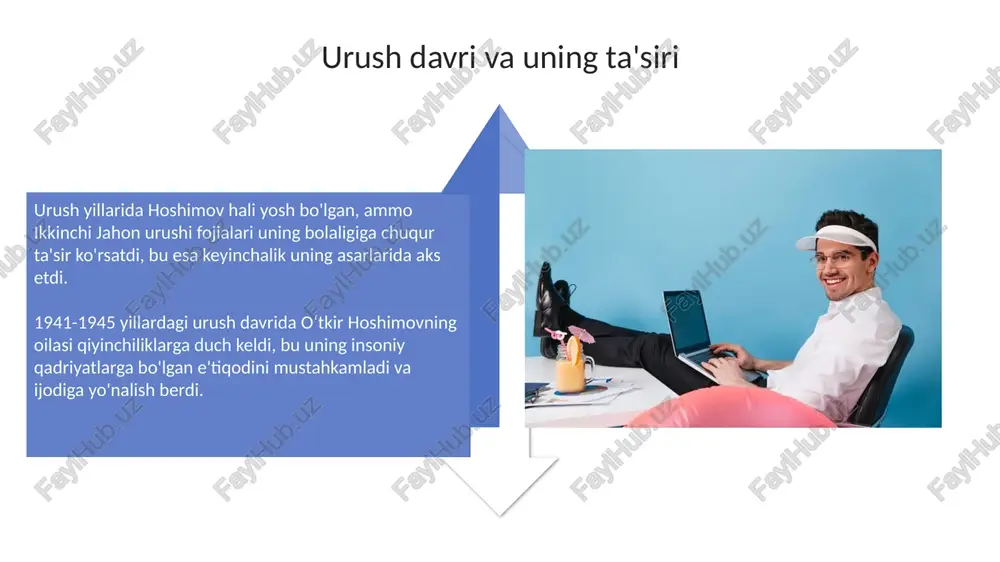 uning ahvolini og'irlashtirgan asosiy omil bo'lgan. yozuvchining vafotiga qadar yurak xastaligi ham ta'sir ko'rsatgan. shifokorlar tomonidan ko'rsatilgan tibbiy yordamga qaramay, uning ahvoli barqarorlashmadi va yurak yetishmovchiligi sababli hayotdan ko'z yumdi. o'zbek adabiyotiga qo'shgan hissasi hoshimovning asarlari, ayniqsa, "bahor qaytmaydi" romani, urushdan keyingi davrda o'zbek nasrida **yangicha ruh** olib kirib, **insoniy tuyg'ular**ni teran ifodaladi. uning **psixologik realizm**ga asoslangan uslubi, oddiy odamlarning hayotini haqqoniy tasvirlashi orqali o'zbek adabiyotining **mavzu doirasini** kengaytirdi va **badiiy saviyasini** oshirdi. o'tkir hoshimov asarlarining dolzarbligi oʻtkir hoshimov asarlarida insoniy munosabatlarning qadri, 21-asrda ham oʻz ahamiyatini yoʻqotmagan muhim mavzu sifatida koʻtariladi, bu esa dolzarblikni taʼminlaydi. uning asarlarida oddiy odamlarning hayoti, orzu-umidlari, ichki kechinmalari tasvirlangan. bugungi kunda ham 30 milliondan ortiq oʻzbekistonliklarning dilidagi gaplarni topish mumkin. e'tiboringiz uchun rahmat image3.png image4.jpg image5.jpg image6.jpg image7.jpg image8.jpg image9.jpg image10.jpg image11.jpg image12.jpg image13.jpg image14.jpg image15.jpg image16.jpg image17.jpg image18.png image19.jpg image20.jpg image21.jpg image1.jpeg image2.jpeg