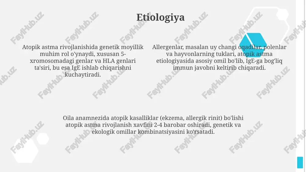 g vena ichiga sekin yuborish ham ko'rib chiqilishi mumkin. astma xurujida kislorod saturatsiyasi 90% dan past bo'lsa, tezkor kislorod berish kerak. salbutamol 2.5-5 mg nebulayzer orqali 20 daqiqa davomida takroriy ravishda qo'llaniladi. og'ir astma xurujida sistemali kortikosteroidlar, masalan, prednizolon 40-50 mg dozada ichishga yoki vena ichiga yuborish orqali yallig'lanishni tezda kamaytirish uchun ishlatiladi. prognoz va profilaktika atopik astma prognozi ko'pincha erta tashxis va adekvat davolanish bilan bog'liq; erta bolalikdagi alomatlar 60-80% hollarda remissiyaga erishishga imkon beradi. profilaktika birinchi navbatda allergenlardan qochish, passiv chekishni yo'q qilish va nafas yo'llari kasalliklariga qarshi o'z vaqtida emlash kabi choralarni o'z ichiga oladi. astma profilaktikasida bolalarda vitamin d darajasini nazorat qilish va agar zarur bo'lsa, uni 400-600 iu dozada to'ldirish muhim rol o'ynaydi, bu kasallik xavfini kamaytiradi. e'tiboringiz uchun rahmat image1.png