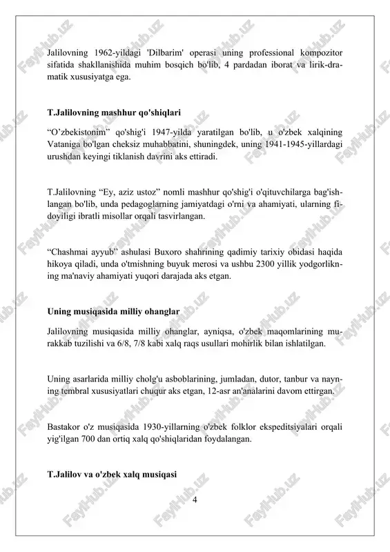 ' 9-may kuni nishonlanadi, ikkinchi jahon urushida halok bo'lganlar xotirasiga bag'ishlangan muhim tadbirdir, o'zbek xalqining qahramonligini namoyish etadi. bu kun urush qatnashchilariga ehtirom ko'rsatish, ularning jasoratini yodga olish, hamda ularning xotirasini abadiylashtirishga qaratilgan 1999-yildan beri nishonlanadigan bayramdir. 'xotira va hurmat' kuni milliy birlikni mustahkamlash, yosh avlodni vatanparvarlik ruhida tarbiyalash, va 1941-1945 yillardagi urushning saboqlarini eslatish uchun muhim ahamiyatga ega. bugungi kunda t.jalilov musiqasi t. jalilovning musiqasi bugungi kunda ham o'zbek milliy madaniyatining ajralmas qismi bo'lib, konsertlarda, radio va televideniyeda 20 dan ortiq asarlari muntazam yangrab turadi. yosh avlod orasida t. jalilovning musiqasi mashhur bo'lib, ayniqsa, 10 yoshdan 30 yoshgacha bo'lganlar orasida uning 50 dan ziyod qo'shiqlari katta qiziqish uyg'otmoqda. t. jalilov musiqasi xalqaro miqyosda ham tan olinmoqda, 15 dan ortiq davlatlarda uning asarlari ijro etilmoqda va 3 ta xalqaro mukofotga sazovor bo'lgan. xulosa va yakuniy fikrlar t. jalilovning musiqasi 20-asr o'zbek musiqasi rivojiga sezilarli hissa qo'shgan, uning asarlari milliy ohanglar …