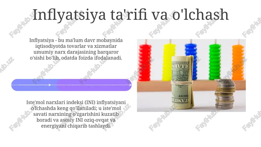 . misol uchun, so'mning keskin qadrsizlanishi oldini olish uchun bank dollar sotishi mumkin. markaziy bank inflyatsiyani maqsadli darajada ushlab turish uchun foiz stavkalarini o'zgartiradi, bu esa valyuta kursiga bevosita ta'sir ko'rsatadi: yuqori stavkalar so'mning qimmatlashishiga olib kelishi mumkin. amaliy misollar va tahlil 2022-yilda o‘zbekistonda inflyatsiya 12,3% ni tashkil etdi, bu markaziy bankning foiz stavkalarini oshirishga olib keldi, so‘mning qisqa muddatli o‘zgaruvchanligiga ta’sir ko‘rsatdi. yevro hududida energetika narxlarining oshishi inflatsiyaning tezlashishiga sabab bo‘ldi, yevropa markaziy banki siyosatini qat’iylashtirdi va yevro kursi dinamikasiga ta’sir etdi. xulosa qisqa muddatda inflyatsiya va valyuta kurslari o'rtasidagi bog'liqlik beqaror bo'lishi mumkin, bu esa 10% inflyatsiya o'zgarishi valyuta kursining keskin tebranishlariga olib kelishi mumkin. uzoq muddatda, xarid qobiliyatining pariteti kabi omillar, inflyatsiya darajasidagi 5 foizlik farq valyuta kurslarining asta-sekin moslashishiga sabab bo'lishini ko'rsatadi. e'tiboringiz uchun rahmat image4.jpg image5.jpg image6.jpg image7.jpg image8.jpg image9.jpg image10.jpg image11.jpg image12.jpg image13.jpg image14.jpg image15.jpg image16.jpg image17.jpg image18.jpg image19.jpg image20.jpg image1.jpeg image2.jpeg image3.jpeg