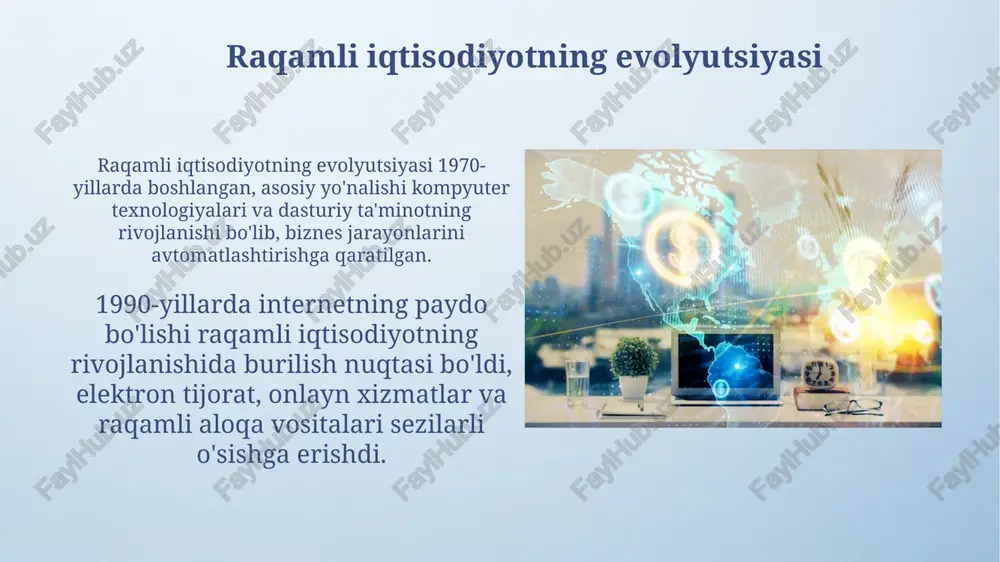ari raqamli platformalar orqali yangi bozorlarga kirish imkoniyati, eksportni 30% ga oshirish va global qiymat zanjirlarida ishtirok etishni kengaytirish strategiyalari mavjud. kichik va o'rta biznes (kob) uchun raqamli texnologiyalarni joriy etish orqali samaradorlikni 25% ga oshirish hamda yangi ish o'rinlari yaratish imkoniyatlari mavjud. investitsiya va moliyalashtirish mexanizmlari raqamli iqtisodiyotga investitsiyalar venchur kapitali fondlari, biznes-farishtalar va davlat grantlari orqali amalga oshiriladi, bu esa innovatsion startaplarni moliyalashtirishga yordam beradi. blokcheyn texnologiyasi orqali tokenizatsiya, shu jumladan xavfsizlik tokenlari (sto), raqamli aktivlarga sarmoya kiritish va ularni moliyalashtirish uchun yangi imkoniyatlar yaratadi. raqamli iqtisodiyotni rivojlantirish strategiyasi raqamli iqtisodiyot strategiyasi 2030-yilgacha akt infratuzilmasini kengaytirish, ma'lumotlar markazlarini rivojlantirish va 5g aloqa standartlarini joriy etishni maqsad qiladi. davlat xizmatlarini raqamlashtirish, elektron hukumat platformalarini takomillashtirish va 80% davlat xizmatlarini onlayn tarzda taqdim etish orqali korrupsiyani kamaytirish rejalashtirilgan. xulosa va tavsiyalar raqamli iqtisodiyotni rivojlantirish uchun davlat-xususiy sherikchilikni 20% ga oshirish va 5g infratuzilmasini kengaytirish orqali raqamli transformatsiyani jadallashtirish zarur. kiberxavfsizlik …
