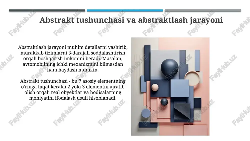 2) interfeysni saqlab qoladi, bu esa 3) mavjud kodni qayta yozmasdan dasturiy ta'minotni moslashtirishni osonlashtiradi. abstrakt misollar: amaliy qo'llanilish ob'ektga yo'naltirilgan dasturlashda (oop) abstraksiya sinfning asosiy xususiyatlarini ajratib ko'rsatishga yordam beradi. masalan, avtomobil sinfi faqat 'model', 'rang', 'tezlik' kabi muhim xususiyatlarni ko'rsatishi mumkin. ma'lumotlar bazalarini loyihalashtirishda abstraksiya murakkab ma'lumotlarni soddalashtirishga yordam beradi. misol uchun, mijoz haqidagi ma'lumotlar 'identifikator', 'ismi', 'manzili' kabi asosiy atributlarga qisqartirilishi mumkin. xulosa xulosa, taqdimotning yakuniy qismi sifatida, mavzuning asosiy fikrlarini 2-3 ta asosiy dalil yoki misol bilan jamlab, tinglovchilarga qisqa va aniq xotira qoldiradi. hisobot yakunida, olingan natijalarni baholab, kelajakdagi tadqiqotlar uchun 3-4 ta istiqbolli yo'nalishlarni taklif qilish, mavzuning ahamiyatini mustahkamlashga yordam beradi. e'tiboringiz uchun rahmat image1.png image2.jpg image3.jpg image4.jpg image5.jpg image6.jpg image7.jpg image8.jpg image9.jpg image10.jpg image11.jpg image12.jpg image13.jpg image14.jpg image15.jpg image16.jpg image17.jpg