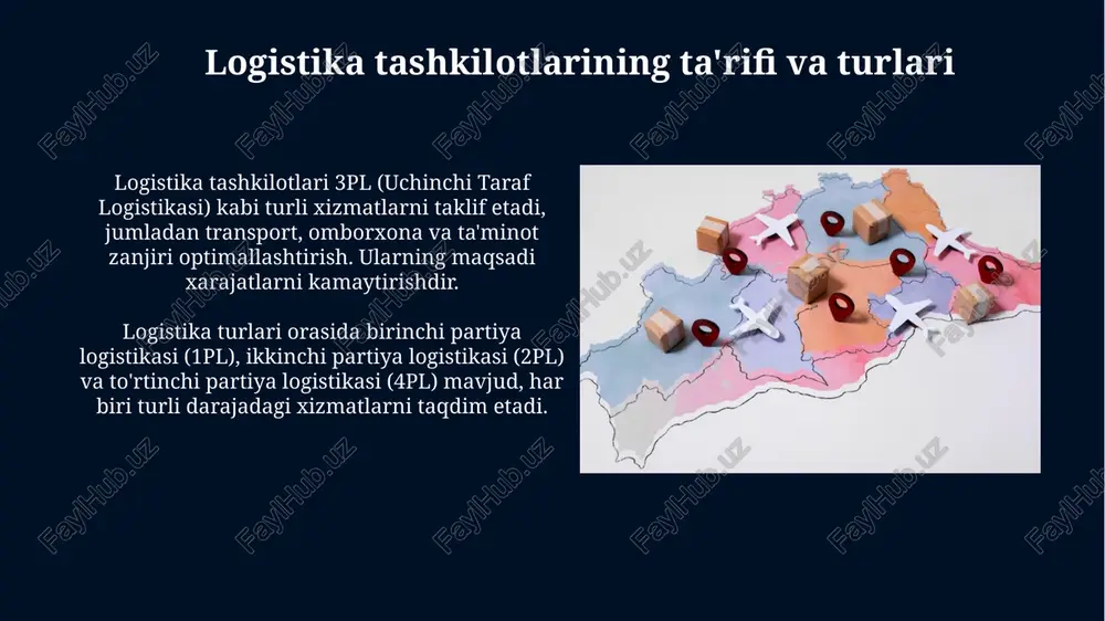 larini modernizatsiya qilish, xarajatlarni kamaytirishni ko'zda tutadi. innovatsion texnologiyalarning logistikaga ta'siri innovatsion texnologiyalar, masalan, iot sensorlari yordamida real vaqtda yuklarni kuzatish logistika samaradorligini 15-20 foizga oshiradi va xarajatlarni kamaytiradi. blokcheyn texnologiyasi yetkazib berish zanjirida shaffoflikni ta'minlaydi, hujjatlarni raqamlashtiradi va firibgarlik xavfini 30 foizga kamaytiradi, operatsiyalarni tezlashtiradi. muvaffaqiyatli logistika loyihalari misollari "navoiy" xalqaro intermodal logistika markazi, 2009-yilda ishga tushirilgan, markaziy osiyo bo'ylab yuk tashish xarajatlarini 15-20% ga kamaytirishga erishdi. "angren-pop" temir yo'li, 2016-yilda yakunlangan, farg'ona vodiysi bilan to'g'ridan-to'g'ri bog'lanishni ta'minladi va transport vaqtini 48 soatga qisqartirdi. xulosa va tavsiyalar logistika samaradorligini oshirish uchun raqamli texnologiyalarni joriy etish, masalan, blokcheyn va ai, xarajatlarni 15-20% kamaytirish va shaffoflikni ta'minlash tavsiya etiladi. transport infratuzilmasini modernizatsiya qilish, ayniqsa temir yo'llar va yo'llarni, tovar aylanishini 25% ga tezlashtiradi va tranzit xarajatlarini kamaytiradi, shuningdek logistika markazlarini rivojlantirish kerak. e'tiboringiz uchun rahmat image5.jpg image6.jpg image7.jpg image8.jpg image9.jpg image10.jpg image11.jpg image12.jpg image13.jpg image14.jpg image15.jpg image16.jpg image17.jpg image18.jpg image19.jpg image20.jpg …