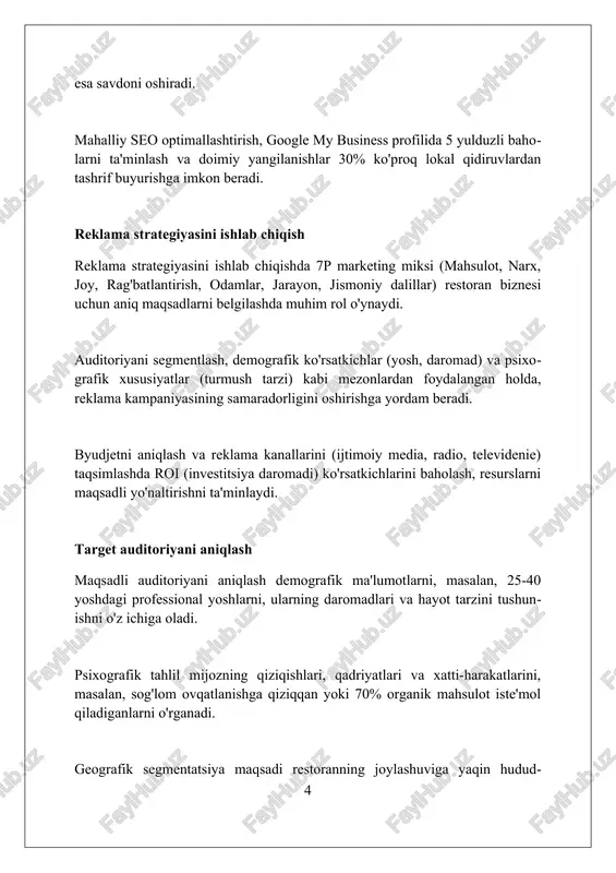 radi va mijozlarning restoranga bo'lgan ishonchini oshiradi. baholash va optimallashtirish baholash davrida roi (investitsiya rentabelligi) kabi ko'rsatkichlar o'lchanadi, ularning 15% dan yuqori bo'lishi reklama kampaniyasining muvaffaqiyatini ko'rsatadi. optimallashtirish a/b testlarini o'z ichiga oladi, bunda turli reklamalar yaratilib, ularning 5% ga yaxshiroq natija bergani asosiy kampaniyaga qo'shiladi. baholashda mijozlarning 30% reklama orqali kelganini aniqlash, reklamaga e'tiborni kuchaytirish va byudjetni 20% ga oshirishga asos bo'ladi. muvaffaqiyatli reklama kampaniyalarining misollari "dove'ning haqiqiy go'zallik" kampaniyasi 2004-yilda boshlangan bo'lib, ayollarning o'ziga bo'lgan ishonchini oshirish va stereotiplarga qarshi kurashish orqali brendga sodiqlikni oshirdi. old spice'ning "the man your man could smell like" kampaniyasi 2010-yilda youtube'da viral bo'lib, mahsulot sotuvini 107% ga oshirdi va yosh auditoriyani jalb qildi. red bull'ning "stratos" kampaniyasi 2012-yilda felix baumgartnerning stratosferadan sakrashini jonli efirga uzatib, brend xabardorligini oshirdi va ekstremal sport bilan bog'liq imidjini mustahkamladi. reklamadagi xatolar va ulardan qochish target auditoriyani noto'g'ri aniqlash reklamada katta xato. 20-30 yoshdagi kishilarga mo'ljallangan mahsulotni …