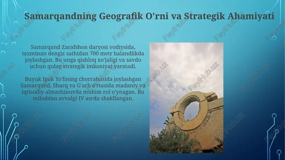 adi va kommunal xizmatlar samaradorligi 25 foizga oshiriladi. samarqandning turizm infratuzilmasi rivojlanib, yangi mehmonxonalar majmualari qurilmoqda, bu esa 2024-yilga kelib turistlar sonini 30 foizga oshirishga yordam beradi. samarqandning kelajagi: istiqbolli rejalar va loyihalar samarqandning turizm infratuzilmasini rivojlantirish uchun 2026 yilgacha 1,4 milliard dollarlik investitsiya jalb etish rejalashtirilgan, bu esa mehmonxonalarni modernizatsiya qilish va yangi turistik maskanlarni yaratishga yo'naltiriladi. samarqandda 2030 yilgacha “smart city” konsepsiyasi doirasida raqamli texnologiyalar, jumladan, sun’iy intellekt va “internet of things” (iot) tizimlari keng joriy etiladi, shahar boshqaruvini optimallashtirish maqsadida. xulosa: samarqandning jahon tamaddunidagi o'rni va ahamiyatini saqlash unesco tomonidan 2001-yilda butunjahon merosi roʻyxatiga kiritilishi, samarqandning 2750 yillik madaniy qatlamlari global miqyosda qadrlanishini koʻrsatadi. ipak yoʻlida joylashgan samarqandning madaniy chorrahada tutgan oʻrni, 14-15-asrlarda mirzo ulugʻbek davrida ilm-fan markazi sifatida namoyon bo'lgan. e'tiboringiz uchun rahmat image3.png image4.jpg image5.jpg image6.jpg image7.jpg image8.jpg image9.jpg image10.jpg image11.jpg image12.jpg image13.jpg image14.jpg image15.jpg image16.jpg image17.jpg image18.jpg image19.jpg image20.jpg image2.png