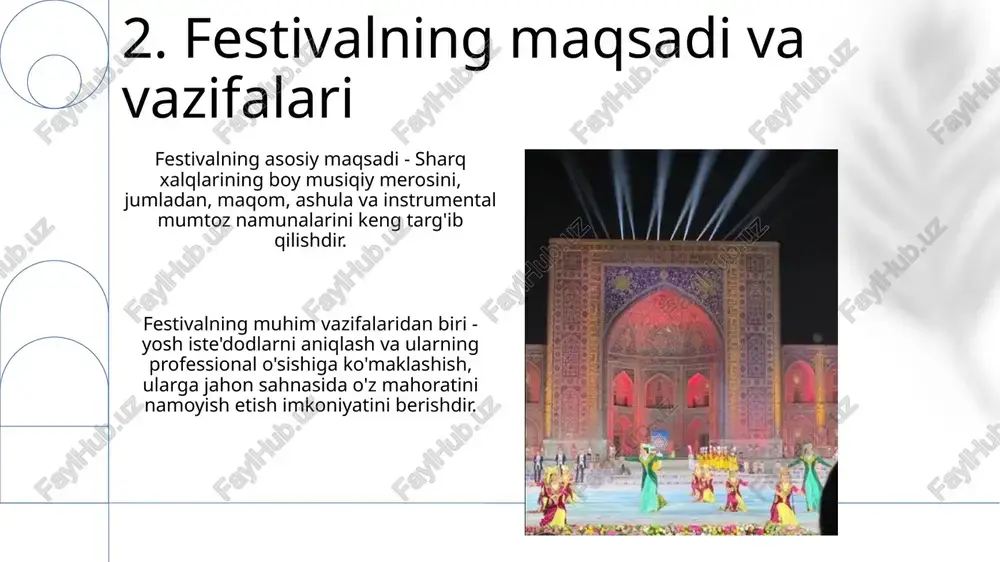 glab yangi tomoshabinlar auditoriyasini jalb etadi. 2030 yilga borib, festival doirasida 'markaziy osiyo kompozitorlari forumi'ni tashkil etish, 15 dan ortiq davlat vakillarini birlashtiradi. 16.xulosa va tavsiyalar festivalda 10 yildan ortiq ishtirok etgan ekspertlar bilan suhbatlar orqali aniqlangan 5 asosiy muammoni hal qilish tavsiya etiladi. unesconing 2003-yilgi nomoddiy madaniy merosni muhofaza qilish konventsiyasi mezonlari asosida 3 ta yangi yo‘nalishni rivojlantirish kerak. 17.foydalanilgan adabiyotlar ro'yxati foydalanilgan adabiyotlar roʻyxati kamida 15 ta manbani oʻz ichiga olishi kerak, shu jumladan kitoblar, ilmiy maqolalar va "sharq taronalari" festivali materiallari (2000-2024 yillar oraligʻida). adabiyotlar roʻyxatida unesconing jahon musiqa merosi boʻyicha kamida 5 ta hisoboti va "international council for traditional music" (ictm) ning 3 ta nashri keltirilishi lozim. e'tiboringiz uchun rahmat image1.png image2.jpg image3.jpg image4.jpg image5.jpg image6.jpg image7.jpg image8.jpg image9.jpg image10.jpg image11.jpg image12.jpg image13.jpg image14.jpg image15.jpg