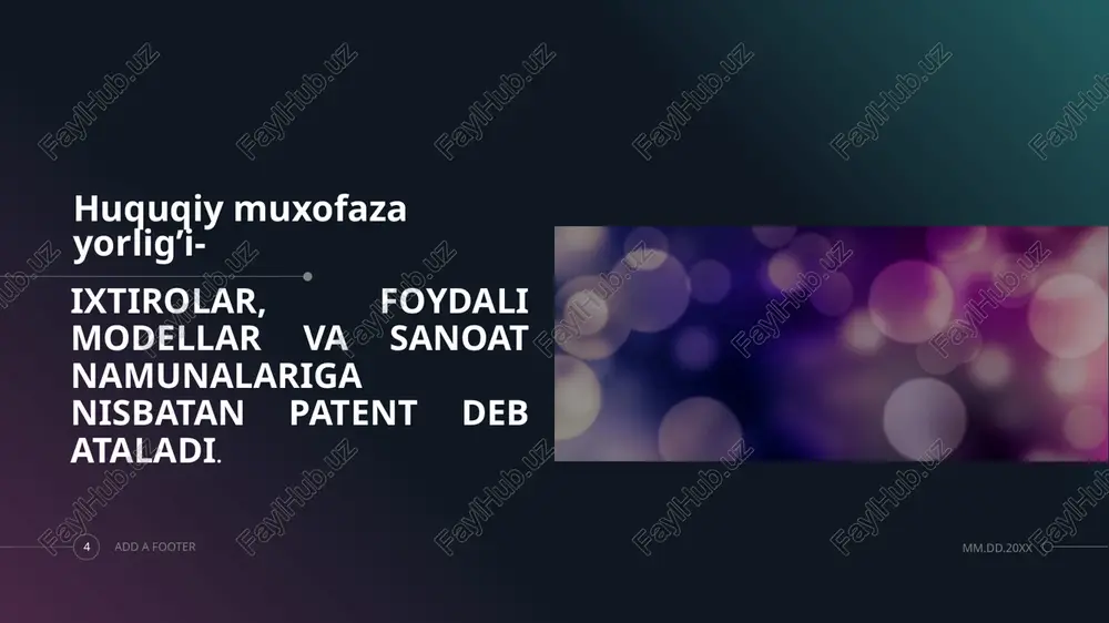 lari ; elektron hisoblash mashinalari uchun algoritmlar va dasturlar; binolar, inshootlar, hududlarni rejalashtirish loyihalari va chizma tarhlari; estetika talablarini qanoatlantirishga yoʻnaltirilgan, buyumlarning faqat tashqi koʻrinishiga oid yechimlar; integral mikrosxemalarning topologiyalari; oʻsimlik navlari va hayvon zotlari; jamoat manfaatlariga, insonparvarlik va axloq qoidalariga zid yechimlar foydali modelning patentga layoqatlilik shartlari : mm.dd.20xx add a footer 12 agar foydali model sifatida koʻrsatilgan obyekt yangi boʻlsa va uni sanoatda qoʻllash mumkin boʻlsa, u huquqiy muhofaza qilinadi. agar foydali modelning muhim belgilari majmui texnika taraqqiyoti darajasidan maʼlum boʻlmasa, u yangi deb hisoblanadi. texnika taraqqiyoti darajasi talabnomada koʻrsatilgan foydali model amalga oshirishi mumkin boʻlgan vazifalarni bajara oladigan vositalar haqidagi oʻzbekiston respublikasida hamma foydalana oladigan barcha maʼlumotlarni, shuningdek ularni qoʻllashga doir maʼlumotlarni oʻz ichiga oladi foydali model : mm.dd.20xx add a footer 13 mahsulotga (xususan, qurilma, modda, mikroorganizm shtammi, oʻsimliklar yoki hayvonlar hujayralarining turlariga); usulga (moddiy vositalar yordamida moddiy obyekt ustida xatti-harakatlarni amalga oshirish jarayoniga) taalluqli boʻlgan …