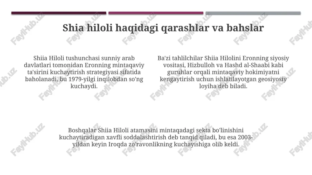 a sabab bo'ladi, bu esa fuqarolik urushlari va zo'ravonlikning ortishiga olib keladi. kelajak istiqbollari va mumkin bo‘lgan ssenariylar kelajakda, siyosiy murosaga erishish ehtimoli bor, bunda eroniy ta'sirning chegaralanishi va sunniy davlatlar bilan 2 tomonlama kelishuvlar tuzilishi mumkin. iqtisodiy integratsiya istiqboli mavjud, bunda mintaqaviy savdo aloqalari rivojlanadi va 4 ta asosiy davlatlar o'rtasida umumiy bozor yaratiladi. harbiy ssenariyda, eron va sunniy blok o'rtasidagi bevosita to'qnashuv xavfi saqlanib qoladi, bu mintaqada yangi 3-jahon urushiga olib kelishi mumkin. e'tiboringiz uchun rahmat image1.png