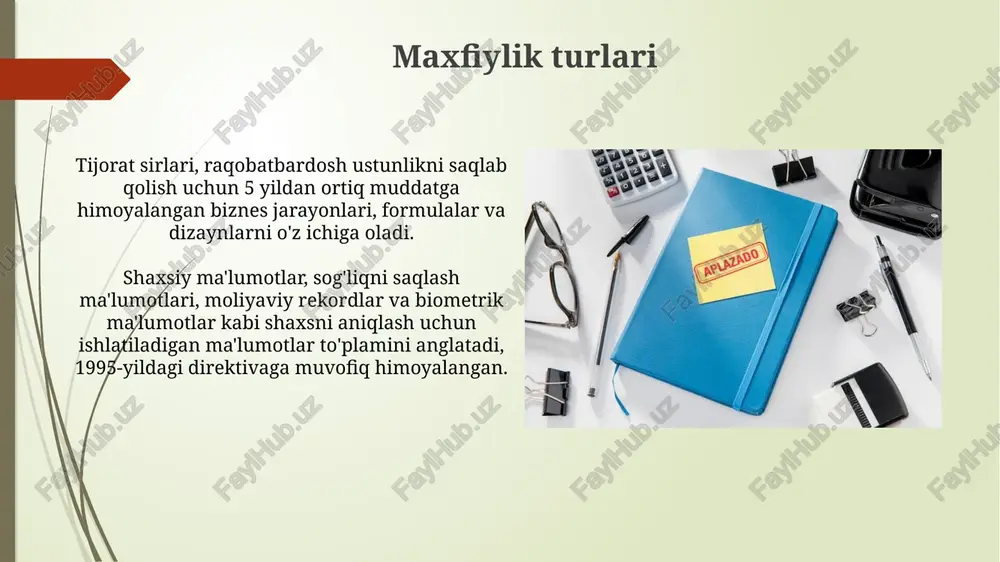 g pastligi tufayli, 60% tashkilotlarda maxfiy ma'lumotlar ruxsatsiz foydalanuvchilarga oshkor bo'lish xavfi mavjud. maqsad maxfiylik hisobotlarining maqsadi – 90 kundan ortiq muddat ichida aniqlangan zaifliklarni aniqlash orqali kompaniyaning it infratuzilmasini barqarorlashtirish uchun xavflarni kamaytirishdan iborat. maxfiylikni ta'minlash maqsadi – 75% mijozlarning ma'lumotlarini himoya qilish va shaxsiy ma'lumotlar buzilishi holatlarini 12 oy ichida nolga kamaytirish orqali ishonchni mustahkamlashni o'z ichiga oladi. tadqiqot usullari kuzatuv usuli xodimlar faoliyatini baholash uchun samarali bo'lib, har bir xodimning maxfiylik siyosatiga rioya qilish darajasini aniqlashga yordam beradi, taxminan 30-40 kun davomida amalga oshiriladi. so'rovnomalar orqali 200 dan ortiq xodimdan maxfiylik masalalari bo'yicha tushunchalarini, shuningdek, mavjud siyosat va protseduralarning samaradorligini baholash uchun ma'lumot yig'ish mumkin. e'tiboringiz uchun rahmat image1.png image2.jpg image3.jpg image4.jpg image5.jpg image6.jpg image7.jpg image8.jpg image9.jpg image10.jpg image11.jpg image12.jpg image13.jpg image14.jpg image15.jpg image16.jpg image17.jpg image18.jpg