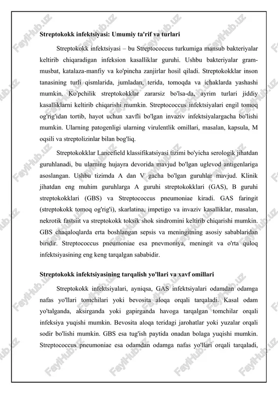 lar ko'proq sezgir), immunitet tizimining zaiflashuvi (oiv/oits, diabet, saraton kabi kasalliklar bilan og'rigan bemorlar), surunkali kasalliklar, immunosupressant dorilarni qabul qilish, noto'g'ri ovqatlanish va yomon gigiena sharoitlari kiradi. terining shikastlanishi, masalan, kesilishlar, kuyishlar yoki ekzema kabi teri kasalliklari ham infeksiya uchun kirish nuqtasi bo'lishi mumkin. bundan tashqari, ma'lum irqiy va etnik guruhlar streptokokklar infeksiyasiga nisbatan yuqori sezuvchanlikka ega bo'lishi mumkin, ammo bu sohada qo'shimcha tadqiqotlar zarur. streptokokklar infeksiyasining klinik belgilari kasallikning turiga va joylashuviga qarab juda xilma-xil bo'lishi mumkin. angina (tonzillit)da tomoq og'rig'i, yutish qiyinligi, isitma, bodomsimon bezlarda yiringli dog'lar kuzatiladi. skarlatina esa mayda, qizil toshmalar, ayniqsa, tananing yuqori qismida va tilning qizil rangga kirishi bilan tavsiflanadi. teri infeksiyalari (impétigo, sellyulit) qizarish, shish, og'riq va yiringli yaralar bilan namoyon bo'ladi. ba'zi hollarda, streptokokklar infeksiyasi revmatik isitma yoki glomerulonefrit kabi jiddiy asoratlarga olib kelishi mumkin, shuning uchun erta tashxis qo'yish va davolash muhim ahamiyatga ega. 📋 streptokokklar infeksiyasi: yuqish, xavf omillari va …
