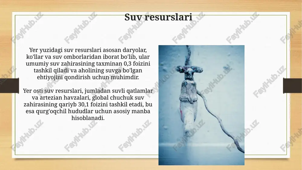 qda (2050), bu oziq-ovqat va suvga talabni oshiradi, suv resurslariga bosimni kuchaytiradi va suv tanqisligini keltirib chiqaradi. iqlim o'zgarishi ekstremal ob-havo hodisalarini kuchaytiradi, bu esa 2030 yilga borib suv toshqinlari xavfini 15% ga oshiradi, qurg'oqchilik esa qishloq xo'jaligini vayron qiladi va suv tanqisligini yanada chuqurlashtiradi. kelajakdagi suv muammolarining yechimlari kelajakda suv ta'minotini yaxshilash uchun suvni tejash texnologiyalarini joriy etish, masalan, tomchilatib sug'orishni qo'llash 30-50% suvni tejashga yordam beradi. suv muammolarini hal qilishda suvni qayta ishlash va undan takroran foydalanish muhim ahamiyatga ega, bu orqali sanoatda suvga bo'lgan ehtiyojni 40% gacha kamaytirish mumkin. xulosa xulosa qilib aytganda, suv resurslarining yetishmasligi 2050-yilga borib 50% ga oshishi kutilmoqda, shuning uchun suvni tejash texnologiyalari zarur. suv siyosatini takomillashtirish, xususan, suv narxlarini adolatli belgilash orqali suvdan oqilona foydalanishga erishish mumkin, bu esa 30% suv isrofini kamaytirishi mumkin. e'tiboringiz uchun rahmat image7.jpg image8.jpg image9.jpg image10.jpg image11.jpg image12.jpg image13.jpg image14.jpg image15.jpg image16.jpg image17.jpg image18.jpg image19.jpg image20.jpg image21.jpg …