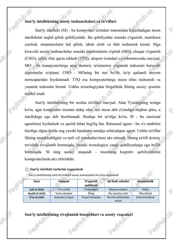 o'rganishning rivojlanishi, chuqur o'rganishga dastlabki qadamlar statistik usullar, neyron tarmoqlar, mashinani o'rganish algoritmlari ma'lumotlarga asoslangan yondashuvlarning kuchayishi, kompyuterning o'yinlardagi g'alabalari (masalan, shaxmat) 2010-yildan hozirgi kungacha chuqur o'rganishning inqilobi, katta ma'lumotlar, sun'iy neyron tarmoqlarining yangi arxitekturalari chuqur neyron tarmoqlari (cnn, rnn, transformer), gpu-lar, katta ma'lumotlar to'plamlari tasvirlarni aniqlash, nutqni aniqlash, tabiiy tilni qayta ishlash kabi sohalarda katta yutuqlar, avtopilotlar, tibbiyot va boshqa sohalarda keng qo'llanilish sun'iy intellekt: asoslar va rivojlanish sun'iy intellektning asosiy texnologiyalari sun'iy intellekt (si) rivojining zamonaviy bosqichi ko'plab texnologiyalarning integratsiyasiga asoslangan. ularning eng asosiylaridan biri bu mashinali o'rganish (machine learning). mashinali o'rganish algoritmlari kompyuterlarga aniq dasturiy kodlarsiz, ma'lumotlardan o'rganish va xulosalar chiqarish imkoniyatini beradi. bunga misol sifatida, neyron tarmoqlar, qarorlar daraxtlari, va qo'llab-quvvatlash vektor mashinalarini keltirish mumkin. neyron tarmoqlar, ayniqsa chuqur o'rganish (deep learning) arxitekturalari, tasvirni tanish, nutqni anglash va tabiiy tilni qayta ishlash kabi murakkab vazifalarda juda muvaffaqiyatli bo'ldi. so'nggi yillarda chuqur o'rganish, ayniqsa katta hajmdagi ma'lumotlar …