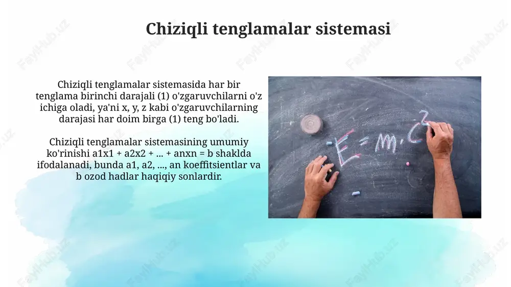 taraf etiladi. o'rniga qo'yish usulida tenglamani noto'g'ri almashtirish yoki ishoralarni unutish natijasida xatolar yuzaga kelishi mumkin. tenglamani qayta tekshirish va ishoralarga e'tibor berish orqali oldini olish mumkin. qo'shimcha misollar va mashqlar qo'shimcha misollar murakkab chiziqli tenglamalar sistemalarini o'z ichiga olishi mumkin, masalan, 4x + 3y - 2z = 5 va 2x - y + 5z = 10 kabi, yechish usullarini mustahkamlash uchun. mashqlar parametrik sistemalar bilan ishlashni o'rgatadi, masalan, ax + y = 3 va x - ay = 1 sistemasi, bunda 'a' ning turli qiymatlarida yechimlar sonini aniqlash talab etiladi. xulosa xulosa qilib aytganda, chiziqli tenglamalar sistemasini yechishning bir nechta usullari mavjud: grafik usul, o'rniga qo'yish, qo'shish/ayirish, gauss usuli va kramer qoidasi, har biri o'z afzalliklari va cheklovlariga ega. tenglamalar sistemasini modellashtirish orqali turli amaliy masalalarni yechish mumkin; yechish algoritmlarini qo'llashda xatoliklarni minimallashtirish muhim, masalan, raqamlashda xatoliklar natijani o'zgartirishi mumkin. e'tiboringiz uchun rahmat image2.png image3.jpg image4.jpg image5.jpg image6.jpg image7.jpg …