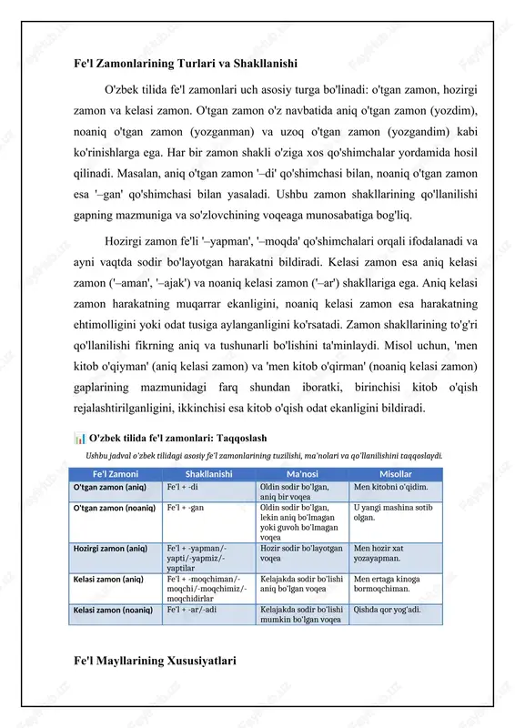 fe'lning shakl yasovchi qo'shimchalari uning grammatik shaklini o'zgartiradi, lekin asosiy ma'nosini o'zgartirmaydi. bularga zamon, shaxs-son qo'shimchalari, mayl qo'shimchalari kiradi. zamon qo'shimchalari fe'lning qaysi zamonda sodir bo'lganligini ko'rsatadi (yozdi, yozmoqda, yozadi). shaxs-son qo'shimchalari harakatning kim tomonidan bajarilganligini bildiradi (men yozdim, sen yozding, u yozdi). mayl qo'shimchalari esa so'zlovchining harakatga bo'lgan munosabatini ifodalaydi (yoz, yozsam, yozmoqchi). ma'no o'zgartiruvchi qo'shimchalar esa fe'lning leksik ma'nosini o'zgartiradi yoki unga yangi ma'no qo'shadi. bularga nisbat qo'shimchalari (yozilmoq, yozishmoq, yozdirmoq), daraja qo'shimchalari ('-roq', '-g'ina'), va boshqa qo'shimchalar kiradi. nisbat qo'shimchalari harakatning bajaruvchisiga nisbatan munosabatni o'zgartiradi, daraja qo'shimchalari esa harakatning intensivligini yoki kuchini ifodalaydi. misol uchun, 'kichraymoq', 'ko'paytmoq' kabi fe'llar shunday qo'shimchalar yordamida yasalgan. ushbu qo'shimchalarning to'g'ri qo'llanilishi so'z boyligini oshiradi va nutqning ifodaviyligini ta'minlaydi. fe'l zamonlari, mayllari va nisbatlari fe'l shakllarining morfologik tahlili va tasnifi o'zbek tilida fe'l shakllari morfologik jihatdan turlicha bo'lib, ular fe'lning zamonini, maylini, shaxs-sonini va boshqa grammatik xususiyatlarini ifodalaydi. fe'l shakllarini tahlil qilishda, …