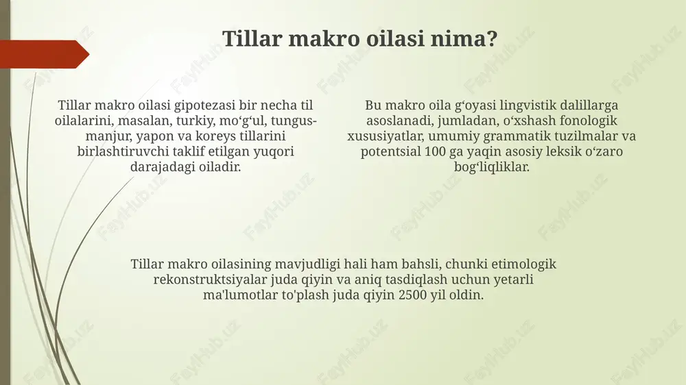 ʻida til oʻzgarishini hisobga olish muammolari mavjud. tillar makro oilasining tanqidi, koʻpincha, genetik maʼlumotlarning yetishmasligi, xususan, qadimgi dnk tadqiqotlari natijalari bilan bogʻliq dalillarning kamligiga asoslanadi. ayrim olimlar tillar makro oilasining asosiy tamoyillarini til oilalarining tipologik oʻxshashligiga haddan tashqari urgʻu berish, fonologik va morfologik rekonstruksiya usullarining yetarli emasligi deb hisoblaydi. alternativ nazariyalar tillar makro oilasi gipotezalarining muqobil nazariyalari, masalan, nostratik nazariya, turli tillar oʻrtasidagi ehtimoliy genetik aloqalarni 15000 yil oldin qidiradi. ba'zi olimlar, evrosiyo tillarining bir necha guruhlarini o'z ichiga olgan evro-osiyo til makro oilasi g'oyasini ilgari suradilar, bu esa tillar makro oilasining muqobili bo'lishi mumkin. tillar oilalarining shakllanishiga ta'sir qiluvchi til kontaktlari va qarz olish kabi omillar tillar makro oilasi nazariyasining asosiy e'tiroz nuqtasi sifatida 20-asrda ko'rib chiqildi. lingvistik rekonstruksiya muammolari uzoq tarixga ega boʻlgan tillarni rekonstruksiya qilishda, 5000-10000 yil oldingi davr uchun ishonchli maʼlumotlar olish qiyin, chunki fonetik oʻzgarishlar juda katta boʻladi. maʼlum bir tillar oilasiga oid boʻlmagan soʻzlarni …