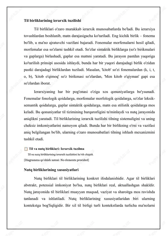d bo'lib, ularning har biri o'ziga xos leksik, grammatik va stilistik xususiyatlarga ega. masalan, ilmiy uslubda aniqlik, mantiqiylik va terminologiyaga e'tibor qaratiladi, badiiy uslubda esa obrazlilik, emotsionallik va ifodaviylik muhimdir. rasmiy uslubda standartlashtirilgan til vositalari qo'llaniladi, so'zlashuv uslubida esa soddalik va erkinlik ustuvor. nutq uslublari til birliklarining tanlanishiga va ishlatilishiga sezilarli ta'sir ko'rsatadi. badiiy uslubda metaforalar, o'xshatishlar, personifikatsiya kabi trop va figuralardan keng foydalaniladi, ilmiy uslubda esa terminlar, aniq ta'riflar va mantiqiy bog'lanishlar ustunlik qiladi. so'zlashuv uslubida colloquializmlar, jargonlar va nutq xatolariga yo'l qo'yilishi mumkin, rasmiy uslubda esa bunday holatlar qat'iy ravishda cheklanadi. nutq uslublari orqali nutqning maqsadli yo'nalishi, auditoriyasi va kommunikativ vazifasi belgilanadi. til va nutq birliklarining umumiy tavsifi fonetik birliklar: tovushlar va ularning tasnifi nutq tovushlari fonetikaning asosiy birligi hisoblanadi. o'zbek tilida tovushlar talaffuz qilinish o'rniga ko'ra, til holatiga ko'ra, lablarning holatiga ko'ra va ovoz paychalarining ishtirokiga ko'ra tasniflanadi. unlilarning tasnifi, masalan, tilning vertikal (yuqori, o'rta, quyi) va …