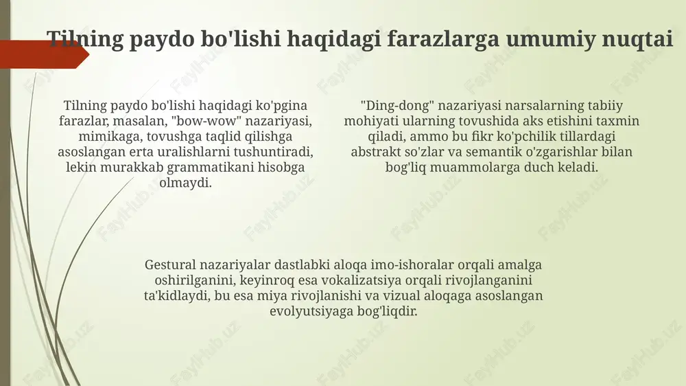 ali o'zaro aloqa qilishlaridan boshlanganini taxmin qiladi. taxminan 100 ming yil avval shakllangan. “kontakt nazariyasi”ga ko'ra, dastlabki til tovushlar va imo-ishoralar kombinatsiyasidan iborat bo'lgan va ming yillar davomida murakkablashib, 40-50 ta fonemaga ega tillarni yaratgan. ushbu nazariya tilning rivojlanishida erta odamlarning kundalik ehtiyojlari, masalan, ov qilish, himoya qilish va boshqa ijtimoiy faoliyatlar muhim rol o'ynaganini ta'kidlaydi. transformatsiya grammatikasi nuqtai nazari 1980-yillarda transformatsion grammatika minimalist dasturga aylandi, bunda til qoidalari soni kamaytirildi va e'tibor insonning kognitiv tizimiga qaratildi. transformatsion grammatika tahlili chuqur va sirt tuzilmalari o'rtasidagi 1957-yilgi bog'liqlikni ta'kidlaydi, bu esa jumlalarning ko'plab ma'nolarini tushuntiradi. ushbu nazariya asosida noam chomskiyning 1965-yildagi ishlari yotadi, unga ko'ra, bolalar universal grammatika bilan tug'iladi, bu til o'rganishni erta yoshda osonlashtiradi. ijtimoiy kelib chiqish nazariyasi ijtimoiy kelib chiqish nazariyasi ta'kidlashicha, til 1 million yil oldin ibtidoiy insonlar orasida o'zaro hamkorlikni kuchaytirish natijasida paydo bo'lgan. bu nazariya, primatlar 20-30 ta turli xil tovush signallarini ishlatishi va ibtidoiy …