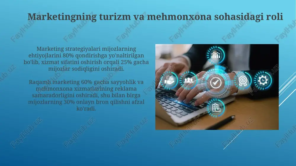 ob sayohat imkoniyatlarini taqdim etdi, bu esa ularning 30% ga o'sishiga olib keldi. dove ning "real beauty" kampaniyasi standartsiz go'zallikni targ'ib qilib, mijozlarning sodiqligini oshirdi va ijtimoiy ta'sirni yaratish orqali brend imidjini mustahkamladi. xulosa va tavsiyalar marketing strategiyalarini doimiy ravishda baholash va moslashtirish kerak, 75% mijozlar ehtiyojlari o'zgarishi sababli, xizmat sifatini oshirish uchun. tavsiyalarni amalga oshirish uchun 3 oylik aniq muddat belgilash, natijalarni monitoring qilish va kamida 2 xodimni ushbu jarayonga jalb qilish zarur. e'tiboringiz uchun rahmat image2.jpg image3.jpg image4.jpg image5.jpg image6.jpg image7.jpg image8.jpg image9.jpg image10.jpg