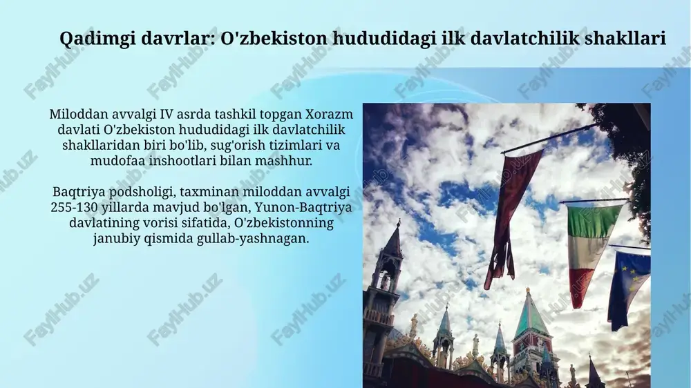 n qilinishi, 70 yildan ortiq sovet hokimiyatidan keyin milliy o'zlikni tiklash uchun muhim siyosiy voqea bo'ldi. mustaqillik deklaratsiyasi 1991-yil avgust putchi muvaffaqiyatsiz tugaganidan so'ng qabul qilingan, bu esa o'zbekistonning sssr tarkibidan chiqish jarayonini tezlashtirdi. mustaqillikning dastlabki yillari: qiyinchiliklar va imkoniyatlar iqtisodiy qiyinchiliklar davrida, 1992-1994 yillarda, inflyatsiya darajasi 1000% dan oshib ketdi, bu aholi turmush darajasiga salbiy ta'sir ko'rsatdi. qishloq xo'jaligida paxta monokulturasi davom etdi, bu 1990-yillarda suv taqchilligini keltirib chiqardi va ekologik muammolarni kuchaytirdi. xulosa: mustaqillik g'oyalarining bugungi kundagi ahamiyati milliy o'zlikni anglash 2024-yilda muhim, chunki globalizatsiya sharoitida madaniy merosni saqlash va o'ziga xoslikni mustahkamlash uchun zamin yaratadi. iqtisodiy mustaqillik 2030-yilga borib, raqobatbardosh bo'lish, investitsiyalarni jalb etish va barqaror rivojlanishni ta'minlashning asosi bo'lib xizmat qiladi. e'tiboringiz uchun rahmat image2.png image3.jpg image4.jpg image5.jpg image6.jpg image7.jpg image8.jpg image9.jpg image10.jpg image11.jpg image12.jpg image13.jpg image14.jpg image15.jpg image16.jpg image17.jpg image18.jpg image19.jpg image1.png