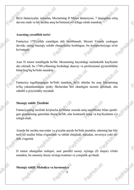 ini namoyish etadi, turli xil temalar va kayfiyatlar orqali 3 dan ortiq shaklga ega ekanligini tasdiqlaydi. d minor tonalligi mozartning dramatik va ta'sirchan uslubini aks ettiradi, bu uning 1785-yilgi asarlaridagi hissiyot kuchini 9/10 darajaga yetkazadi. ta'siri va merosi mozartning d minor fantaziyasi, k. 397, 1782-yilda tugallanmaganligi sababli, uning merosi, yakunlangan versiyalar va ijro etilish uslublari bo'yicha bahslarni keltirib chiqaradi. bu asarning ta'siri 18-asr oxiridagi musiqiy tendentsiyalarni aks ettiradi; u romantizmga o'tish davri uchun muhim namuna bo'lib, hissiylik va dramatik ifodani namoyon etadi. d minor fantaziyasining ta'siri keyingi kompozitorlarning asarlarida seziladi, xususan, uning erkin shakli va kayfiyat o'zgarishlari 19-asr pianino musiqasiga sezilarli ta'sir ko'rsatdi. savol-javoblar savol-javoblar odatda interaktiv ta'lim usuli bo'lib, unda o'quvchi yoki tinglovchi tushunishni tekshirish uchun 2 yoki undan ortiq savollarga javob beradi. savol-javob jarayonida o'quvchi yoki tinglovchi 3 ta turli xil kognitiv jarayonlardan foydalanadi: eslash, tushunish va baholash, bilim olish jarayonini mustahkamlash. savol-javob sessiyalari baholash shakli sifatida ishlatilishi …