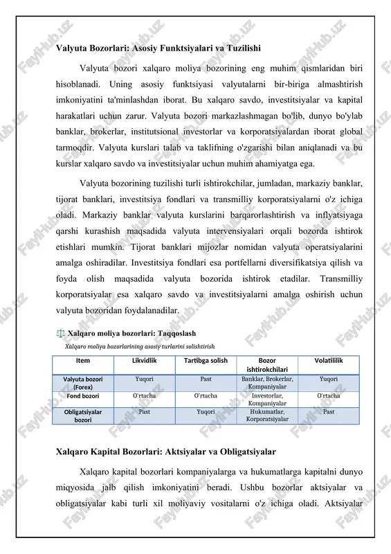 vosita aralashmaydi. xalqaro bank faoliyati: chegara tashqarisidagi kreditlash va depozitlar xalqaro bank faoliyati xalqaro moliya bozorlarining muhim qismidir. u o'z ichiga transchegaraviy kreditlash, depozitlar va boshqa moliyaviy xizmatlarni oladi. banklar xalqaro miqyosda o'z filiallari va sho'ba korxonalari orqali faoliyat yuritadilar, bu esa ularga turli mamlakatlardagi mijozlarga xizmat ko'rsatish imkoniyatini beradi. transchegaraviy kreditlash kompaniyalarga va hukumatlarga kapitalni turli mamlakatlardan jalb qilish imkoniyatini beradi, bu esa investitsiyalarni moliyalashtirish va iqtisodiy o'sishni rag'batlantirishga yordam beradi. xalqaro depozitlar investorlarga mablag'larini turli mamlakatlardagi banklarda saqlash imkoniyatini beradi. offshor bank hisoblari ko'pincha soliq imtiyozlari va maxfiylikni ta'minlaydi, lekin ular, shuningdek, pul yuvish va soliqdan qochish uchun ham ishlatilishi mumkin. shuning uchun, xalqaro bank faoliyati qat'iy nazorat ostida bo'lishi kerak. masalan, fatf (financial action task force) pul yuvishga qarshi kurashish bo'yicha xalqaro standartlarni ishlab chiqadi va ularning amalga oshirilishini nazorat qiladi. xalqaro moliyaviy hosilaviy bozorlar: fyucherslar va opsionlar xalqaro moliyaviy hosilaviy bozorlar valyutalar, aktsiyalar, obligatsiyalar va tovarlar …