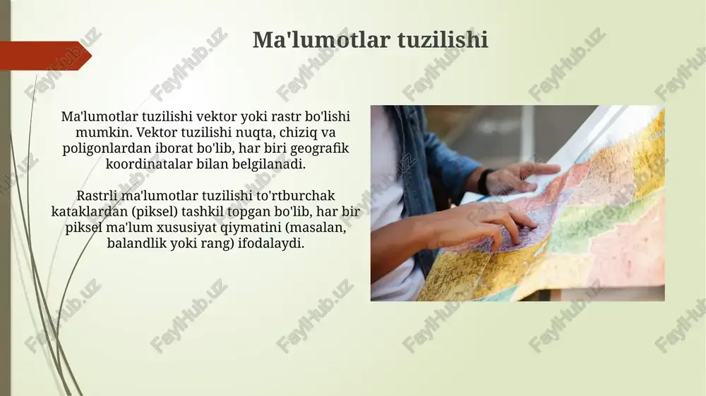 an, #000000 va #ffffff) va taktil elementlar (qo'pol tuzilmalar) yordamida aniqlikni oshirishi kerak. kognitiv qiyinchiliklari bo'lgan foydalanuvchilar uchun xaritalar soddalashtirilgan simvolizm, ortiqcha ma'lumotni yo'q qilish va asosiy yo'nalish nuqtalarini aniq belgilash orqali oson tushunilishi kerak. test sinovlari va baholash xarita sinovlari 508-qism talablariga javob berishini baholash uchun imkoniyati cheklangan foydalanuvchilarning xarita bilan o'zaro aloqasini sinovdan o'tkazish muhim. aniqlikni baholash xarita ma'lumotlarining haqiqiy dunyo xususiyatlariga mos kelishini aniqlash uchun joylashuv aniqligini va atribut aniqligini tekshirishni o'z ichiga oladi. xulosa xulosa qilib aytganda, xarita dizayni 1:10000 miqyosdagi aniqlik va foydalanuvchi ehtiyojlarini qondirish uchun ma'lumotlar almashinuvi va kartografik umumlashtirishni o'z ichiga oladi. yakuniy xulosada, vizual ierarxiya, rang sxemasi va ramka kabi elementlarni birlashtirib, maxsus talablarga moslashuvchan va samarali xarita yaratish muhim ekanligini ta'kidlash lozim. e'tiboringiz uchun rahmat image1.jpg image2.jpg image3.jpg image4.jpg image5.jpg image6.jpg image7.jpg image8.jpg image9.jpg image10.jpg image11.jpg image12.jpg image13.jpg image14.jpg image15.jpg image16.jpg image17.jpg
