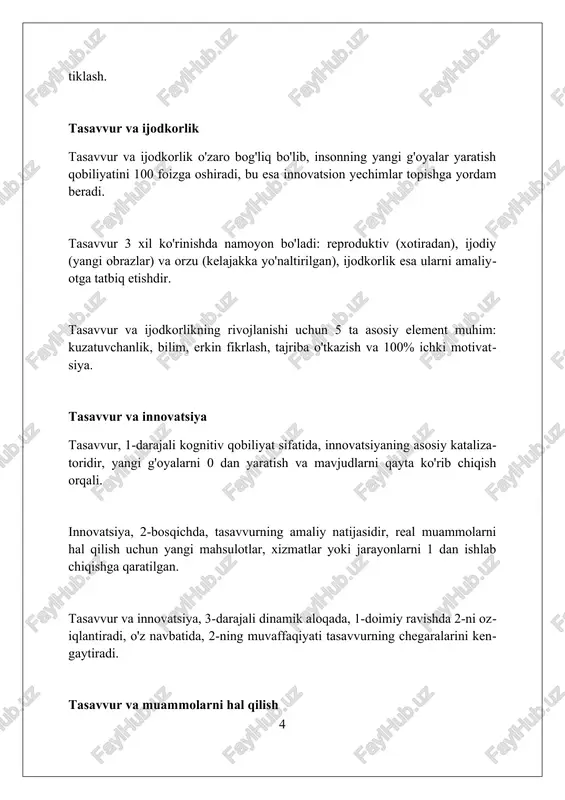 ladi. ijtimoiy-madaniy me'yorlar ham tasavvurni cheklaydi; masalan, o'zbek jamiyatida qabul qilingan 7 ta odob-axloq qoidalari bizning dunyoqarashimizni shakllantiradi. fizik qonunlar tasavvurga jiddiy ta'sir ko'rsatadi; agar biz 20 mach tezlikda harakat qiladigan mashinani tasavvur qilsak ham, uning imkoniyati cheklangan. tasavvurga oid misollar tasavvur orqali 7 xil rangdagi kamalakni ko'rish mumkin, garchi u aslida spektrning doimiy o'zgarishi bo'lsa ham; bu hissiy tajribani boyitadi. yozuvchi, masalan, o'rta asrlar haqida 14-asr tarixiy romani uchun tasavvurdan foydalanib, qahramonlarning dialoglarini yaratishi mumkin. raqamli rassom 3d modellash dasturida g'ayrioddiy sayyorani tasavvur qilib, uning geologiyasi va 5 ta atmosfera qatlamini loyihalashtirishi mumkin. xulosa xulosa - bu tadqiqotning 1 yoki 2 ta asosiy natijalari haqida qisqa va aniq bayonot bo'lib, u barcha tadqiqot savollariga javob beradi va keyingi harakatlar uchun yo'nalish ko'rsatadi. xulosa bo'limida natijalarning ahamiyati, cheklovlari va 5-10 yil ichida kelajakdagi ilmiy izlanishlar yoki amaliyotga ta'siri kabi omillar muhokama qilinadi. xulosa o'quvchilarga tadqiqotning asosiy topilmalarini 3 asosiy dalil …