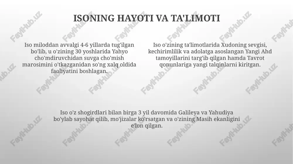 va tozalovchi kuchiga bo'lgan ishonchni namoyon etadi. muqaddas nonushta 'muqaddas nonushta' (yoki eucharist) marosimi iso masihning so'nggi kechki ovqatini xotirlash uchun o'tkaziladi va unda non va vino masihning tanasi va qoni timsoli sifatida ishlatiladi. ko'pgina xristianlar uchun, 'muqaddas nonushta' marosimida ishtirok etish masih bilan birlashish, gunohlarni kechirish va imonni mustahkamlash uchun muhim ahamiyatga ega. ba'zi xristian mazhablari uchun non va vino haqiqatan ham masihning tanasi va qoniga aylanadi (transubstansiya), boshqalari esa buni ramziy va ma'naviy ishtirok deb bilishadi. xristianlikdagi asosiy yo'nalishlar katoliklik, xristianlikning eng yirik yo'nalishi bo'lib, rim papasining ustunligini tan oladi va yetti sakramentni (masalan, suvga cho'mish, tasdiqlash) e'tirof etadi hamda an'anaga katta ahamiyat beradi. pravoslavlikda esa muqaddas uch birlik tushunchasi bor, lekin u rim papasining hokimiyatini tan olmaydi. pravoslav cherkovlarida ikonalar muhim rol o'ynaydi va yetti sakrament ham mavjud. protestantlik xvi asrda islohot natijasida paydo bo'lgan. ular injilning asosiy manba ekanligini ta'kidlaydilar va faqat ikki sakramentni (suvga cho'mish …