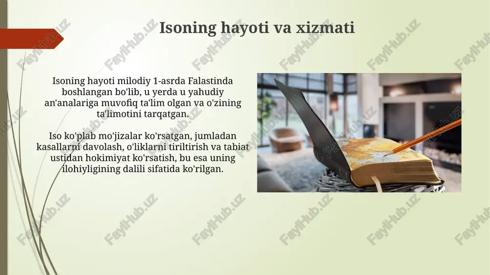 ng gunohlarini to'lash uchun qilingan qurbonlik sifatida qabul qilinadi; bu orqali xristianlar abadiy hayotga erishishlari mumkin. xulosa xulosa shuni ko'rsatadiki, masihiylik tarix davomida sezilarli o'zgarishlarga duch kelgan, konstantin davridagi 313-yilgi farmondan to hozirgi kundagi turli denominatsiyalargacha. masihiylikning asosiy g'oyalari, masalan, trinity, incarnation va redemption, ko'plab teologik bahslarga sabab bo'lgan va 1054-yildagi buyuk bo'linish kabi muhim voqealarga olib kelgan. e'tiboringiz uchun rahmat image1.png image2.jpg image3.jpg image4.jpg image5.jpg image6.jpg image7.jpg image8.jpg image9.jpg image10.jpg image11.jpg image12.jpg image13.jpg image14.jpg image15.jpg image16.jpg image17.jpg image18.jpg