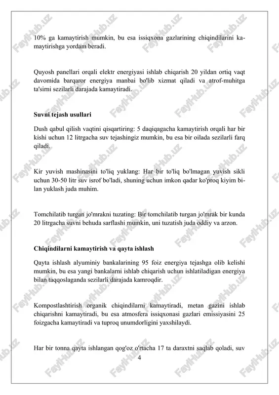 ar 25% gacha chiqindilarni kamaytirishi mumkin, bu esa kommunal xizmatlar narxini pasaytiradi va atrof-muhitning ifloslanishini kamaytiradi, sog‘lom jamiyatga hissa qo‘shadi. ekologik toza tashabbuslar qo‘llab-quvvatlansa, mahalliy “yashil” ish o‘rinlari 15% ga o‘sishi mumkin, bu esa iqtisodiy rivojlanishga va aholi bandligiga yordam beradi. atrof-muhitni muhofaza qilish orqali jamiyatda o‘rtacha umr ko‘rish davomiyligi 10 yilga oshishi mumkin, chunki havo sifati yaxshilanadi va kasalliklar tarqalishi kamayadi. iqtisodiy foydalari “yashil” amaliyotlar energiya sarfini kamaytiradi, natijada korxonalar uchun operatsion xarajatlar 15-20% gacha qisqaradi va foyda oshadi. ekologik toza mahsulotlarga talabning ortishi kompaniyalarga yangi bozorlarga chiqish imkonini beradi va savdoni 10-15% gacha oshiradi. qayta tiklanadigan energiya manbalaridan foydalanish (quyosh, shamol) 25% gacha energiya xarajatlarini kamaytiradi va investitsiyalarni tezroq qaytarishga yordam beradi. “yashil” odatlarni qanday boshlash kerak oddiy qadamlardan boshlang: har kuni 15 daqiqa chiqindilarni saralashni mashq qiling, bu esa resurslarni tejashga yordam beradi. energiyani tejashga e'tibor qarating: lampochkalarni ledga almashtiring, ular 75% kam energiya sarflaydi va uzoqroq …