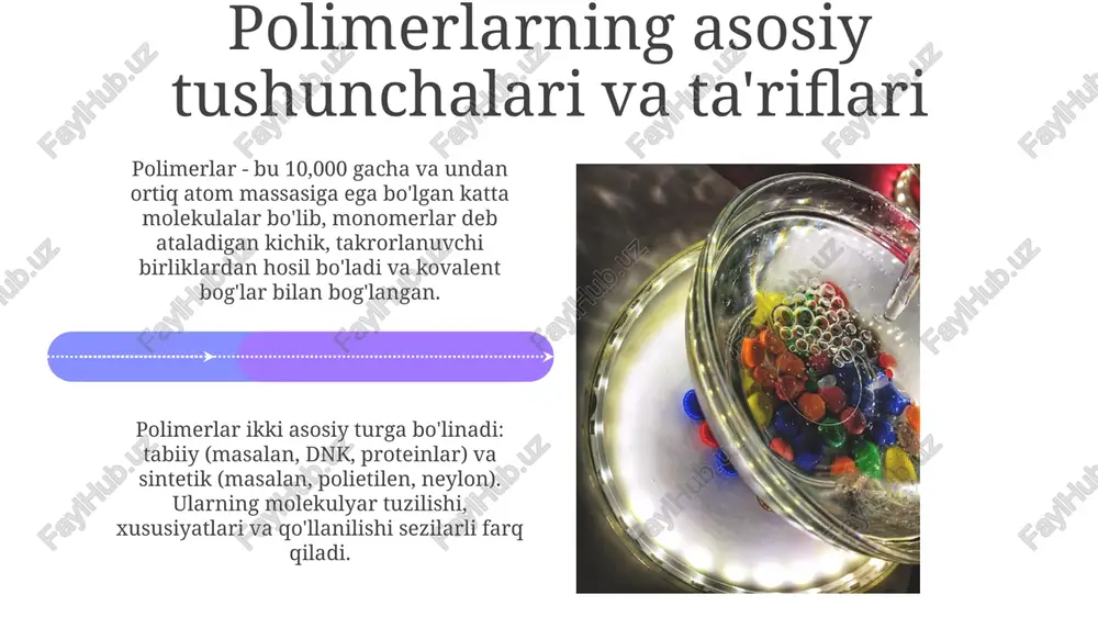 sional guruhlarni aniqlash uchun qo'llaniladi, bu esa polimer zanjirlaridagi o'ziga xos bog'lanishlarni aniqlash orqali uning turini aniqlashga yordam beradi. diagrammalar: yelim turlari va tarkibi diagrammalar polimer yelimlarining tarkibini, masalan, epoksi smolalarini, polivinil asetatni (pvac) va poliuretanlarni (pu) kimyoviy formulalar va molekulyar tuzilmalar bilan ko'rsatadi. diagrammalarda akril yelimlarining, siyanakrilatlarning va issiqlikda eruvchan yelimlarining (masalan, eva) polimerizatsiya darajasi, molekulyar og'irligi (10,000-500,000 g/mol) va modifikatorlari haqida ma'lumot bo'lishi kerak. misollar: turli yelim formulalarining tahlili siyanoakrilat yelimlari, odatda 'tezkor yelim' deb ataladi, metil siyanoakrilat (ch2=c(cn)cooch3) kabi monomerlardan iborat bo'lib, 2-5 soniyada polimerlanadi. epoksi yelimlar, masalan, ikki qismli formulalar, molekulyar og'irligi 340-400 g/mol bo'lgan epoksi qatroni va qattiqlashtiruvchi amin birikmasini o'z ichiga oladi, mustahkam bog'lanish hosil qiladi. natijalar va xulosalar polimer birikmalarning tarkibini o'rganishda ftir spektroskopiyasi 1700-1750 sm⁻¹ dagi karbonil guruhining mavjudligini aniqlash imkonini berdi, bu murakkab ester bog'lanishlarini ko'rsatadi. gel permeatsiya xromatografiyasi (gpc) polimer namunalarining o'rtacha molekulyar og'irligini (mn) 10,000 dan 50,000 g/mol gacha …