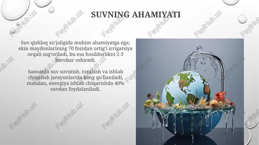 sullariga nisbatan suv resurslaridan samarali foydalanishni ta'minlaydi. sanoat korxonalarida suvni qayta ishlash texnologiyalarini qo'llash orqali chiqindi suvlarni tozalash va 40% gacha suvni qayta ishlatish mumkin, bu esa suv tanqisligini kamaytiradi. kelajak uchun suv resurslarini boshqarish kelajakda suvni boshqarishda 'suv izi' tushunchasidan foydalanish, har bir mahsulot yoki xizmat ishlab chiqarishda sarflangan jami suv miqdorini hisoblashga yordam beradi. 2050-yilga borib global suvga bo'lgan talab 55% ga oshishi kutilmoqda; shuning uchun, suvni tejash texnologiyalarini, masalan, tomchilatib sug'orishni keng joriy etish zarur. e'tiboringiz uchun rahmat image3.png image4.jpg image5.jpg image6.jpg image7.jpg image8.jpg image9.jpg image10.jpg image11.jpg image12.jpg image13.jpg image14.jpg image15.jpg image16.jpg image17.jpg image18.jpg image19.jpg image20.jpg image1.png