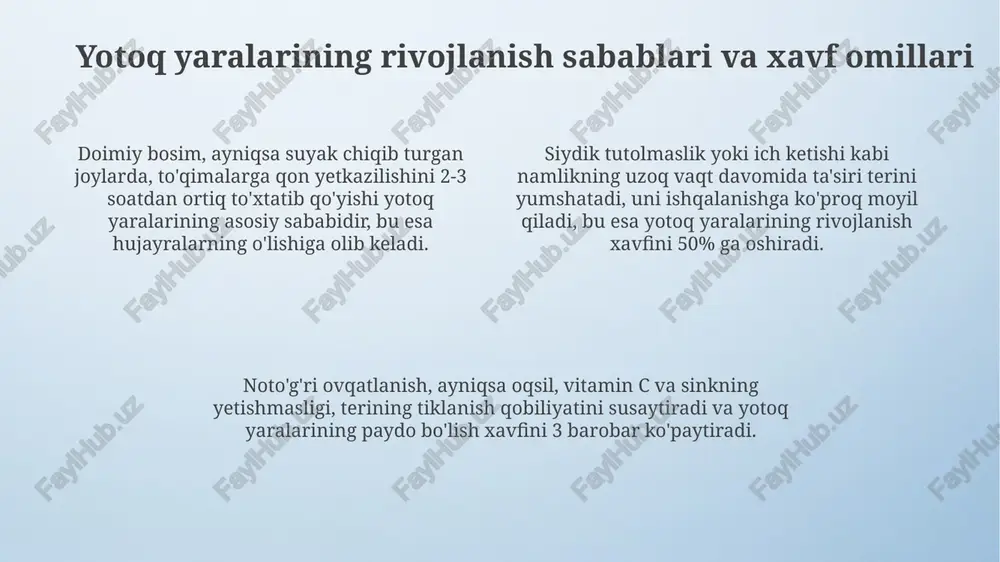 ustiga suv o'tkazmaydigan bog'lamlar qo'yish va ularni kuniga 1-2 marta almashtirish infektsiyani oldini oladi. og'ir ahvoldagi bemorlarni parvarish qilish xususiyatlari ogʻir ahvoldagi bemorlarda pnevmoniya xavfini kamaytirish uchun nafas olish mashqlari kuniga kamida 3-4 marta oʻtkaziladi, har bir mashq 10-15 ta chuqur nafas olishdan iborat boʻlishi lozim. ogʻir ahvoldagi bemorlar uchun muntazam ravishda har 2 soatda pozitsiyani oʻzgartirish zarur, bu bosimni kamaytiradi va qon aylanishini yaxshilab, yotoq yaralarining oldini olishga yordam beradi. ogʻir bemorlarga ovqatlantirish naychasi orqali kuniga kamida 1500-2000 ml suyuqlik berish kerak, bu esa gidratatsiyani saqlaydi va buyraklar faoliyatini qoʻllab-quvvatlaydi. parvarishlash xodimlarining roli va o'qitish parvarishlash xodimlari har kuni bemorning terisini kamida 2 marta tekshirishi kerak, qizarish va bosimning boshqa belgilariga e'tibor berish juda muhimdir. xodimlar har 2 soatda bemorning holatini o'zgartirish bo'yicha qat'iy protokolni bilishi va qo'llashi, 30 daraja burchakdan foydalanish texnikasini o'rganishi shart. o'qitishda to'g'ri ko'tarish usullari, shu jumladan bemorlarni ko'tarish uchun 4 kishilik jamoa tuzish zarurligi …