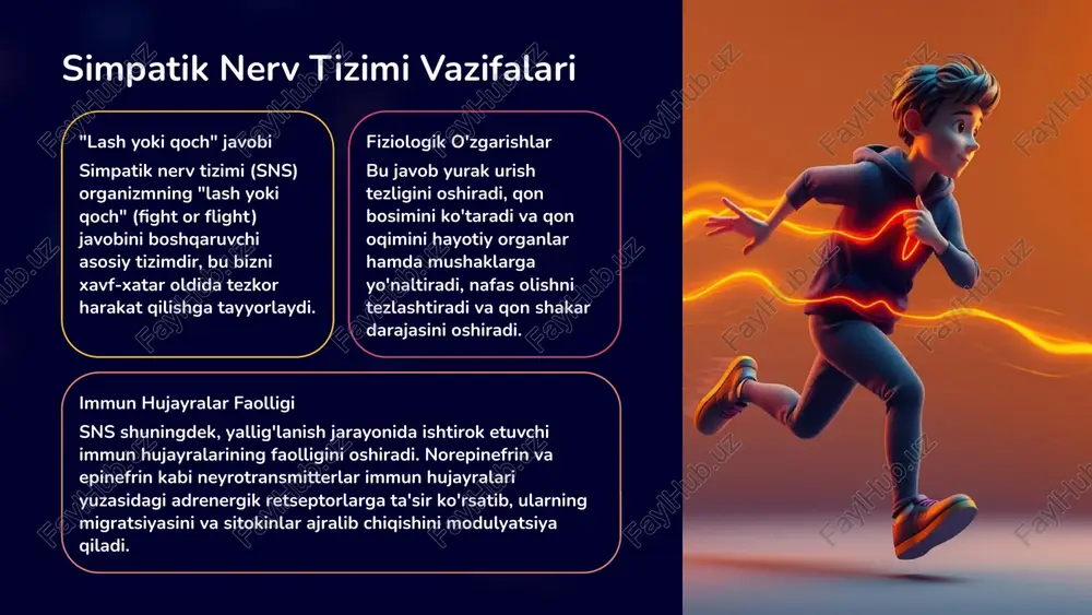 iologik tadqiqotlar neyrobiologik tadqiqotlar amigdala (qo'rquv va stressni qayta ishlash markazi) va limbik tizim (emotsiyalar va motivatsiya bilan bog'liq) simpatik nerv tizimini faollashtirishda markaziy rol o'ynashini ko'rsatmoqda. bu miya tuzilmalari gipotalamus-gipofiz-buyrak usti bezlari o'qi (hpa o'qi) bilan birga ishlaydi va stress javobini boshqaradi. emotsional stress natijasida simpatik tizimning uzoq muddatli faollashuvi surunkali yallig'lanish kasalliklarining rivojlanishiga yoki mavjud holatni yomonlashishiga olib kelishi mumkin. 8 diagnostika va tadqiqot usullari nevrologik tekshiruv simpatik yallig'lanishni diagnostika qilishda bemorning nevrologik holatini baholash muhim ahamiyatga ega. simptomlar tahlili, jumladan, og'riq xarakteri, vegetativ buzilishlar va sensorik o'zgarishlar e'tiborga olinadi. biokimyoviy markerlar qon zardobidagi norepinefrin, epinefrin, kortizol va yallig'lanishga qarshi sitokinlar (il-6, tnf-α, crp) darajasini o'lchash simpatik nerv tizimi faolligini va yallig'lanish darajasini aniqlashga yordam beradi. tasviriy diagnostika yallig'lanish joyining o'ziga xos o'zgarishlarini aniqlash uchun mrt (magnit-rezonans tomografiya), kt (kompyuter tomografiya) yoki pet (pozitron emission tomografiya) kabi tasviriy diagnostika usullari qo'llanilishi mumkin, bu esa yallig'lanishning lokalizatsiyasini va tarqalishini …