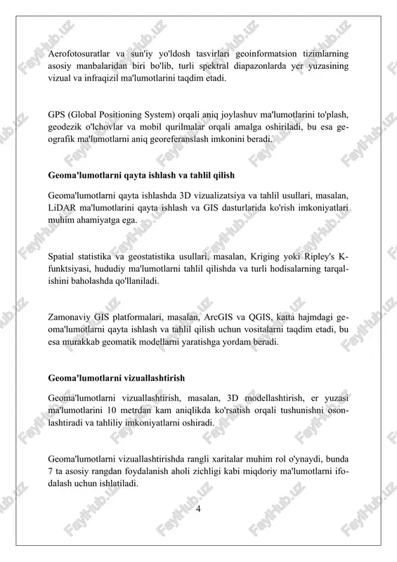 bdagi aniqlikda er uchastkalarini baholash mumkin. transportda gis marshrutlarni optimallashtirishda qo'llaniladi. masalan, gps ma'lumotlari va yo'l harakati intensivligi asosida eng tez va arzon yo'nalishni aniqlash mumkin. gis shahar infratuzilmasini rejalashtirishda yordam beradi. masalan, aholi zichligi va infratuzilma obektlari o'rtasidagi 100 metrlik zonalarni tahlil qilish imkonini beradi. qishloq xo'jaligida gis gis texnologiyalari hosildorlikni oshirish uchun tuproqning ph darajasi, ozuqa moddalari miqdori va namlik darajasini aniq xaritalash imkonini beradi, bu esa aniq dehqonchilikni qo'llab-quvvatlaydi. gis ma'lumotlari asosida irrigatsiya tizimlarini optimallashtirish suv resurslaridan oqilona foydalanishga yordam beradi, bunda sug'orishning aniq rejalarini tuzish va suv sarfini kamaytirish mumkin. sun'iy yo'ldosh orqali olingan gis tasvirlari qishloq xo'jaligi ekinlarining holatini baholash, kasalliklar va zararkunandalarni aniqlash hamda hosilni bashorat qilish uchun ishlatiladi. favqulodda vaziyatlarda gis favqulodda vaziyatlarda gis tezkor xaritani yaratish uchun gps ma'lumotlari va masofadan zondlashni integratsiyalash orqali xavfni baholash va javob berishni optimallashtiradi. gis favqulodda vaziyatlarda resurslarni boshqarish uchun muhimdir. 1:24000 miqyosda inventarizatsiya va real …
