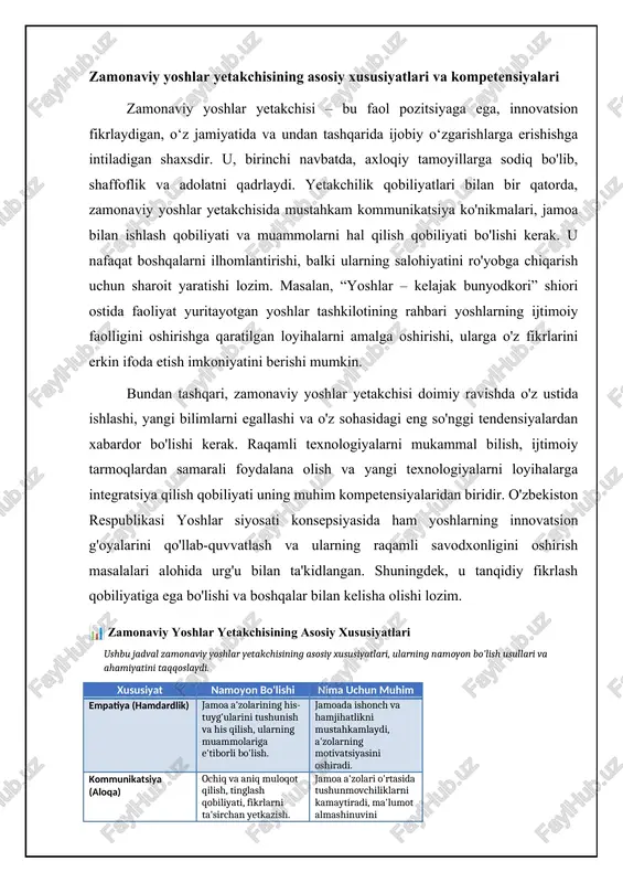 ha ishlarni faol olib borishi lozim. zamonaviy yoshlar yetakchisi: ta'rif va vazifalar innovatsion yetakchilik: raqamli avlodga yo'naltirilgan zamonaviy yoshlar yetakchiligining muhim jihati - innovatsion yondashuv bo'lib, bu raqamli avlodning o'ziga xos xususiyatlarini hisobga oladi. raqamli avlod, asosan, internet, ijtimoiy tarmoqlar va mobil texnologiyalar muhitida o'sgan. shuning uchun, yetakchilar ushbu platformalardan samarali foydalana olishlari, shuningdek, yoshlarning ehtiyojlari va qiziqishlariga mos keladigan innovatsion loyihalarni ishlab chiqishlari kerak. masalan, yunisefning u-report dasturi yoshlarning fikrlarini aniqlash va ijtimoiy muammolarni hal qilishda texnologiyalardan foydalanishning yaxshi namunasi hisoblanadi. bu kabi loyihalar yoshlar o'rtasida faollikni oshirishga yordam beradi. innovatsion yetakchilik faqat texnologiyalardan foydalanish bilan cheklanmaydi. u yangi g'oyalar, o'zgarishlarga moslasha olish va kreativ yondashuvlarni o'z ichiga oladi. bugungi kunda yoshlarning dolzarb muammolari, masalan, iqlim o'zgarishi, ishsizlik va ta'lim sifati kabi masalalarni hal qilish uchun yangi yechimlar talab etiladi. yetakchilar yoshlarni bu muammolarni hal qilishga jalb qilishlari, ularning g'oyalarini qo'llab-quvvatlashlari va ularga imkoniyatlar yaratib berishlari zarur. statistik ma'lumotlarga …