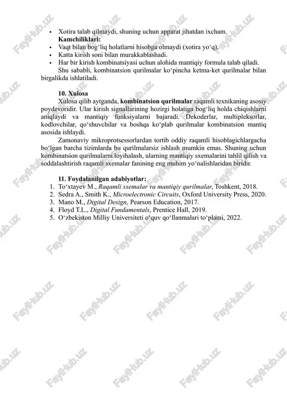amallarni bajarishda · raqamli soatlarda vaqtni hisoblash va ko‘rsatishda · avtomatik boshqaruv tizimlarida (masalan, lift boshqaruvi, svetoforlar) · telekommunikatsiya tarmoqlarida ma’lumotlarni yo‘naltirishda · kriptografik tizimlarda kodlash va dekodlash amallarida · robototexnika va sensor tizimlarda qaror qabul qilishda kombinatsion qurilmalar aniqlik, tezlik va ishonchlilik talab etiladigan joylarda asosiy rolni o‘ynaydi. 9. kombinatsion qurilmalarning afzalliklari va kamchiliklari afzalliklari: · yuqori tezlikda ishlaydi, kechikish juda kichik. · mantiqiy ifodalar bilan oson modellashtiriladi. · elektron sxemalarning umumiy tuzilishini soddalashtiradi. · xotira talab qilmaydi, shuning uchun apparat jihatdan ixcham. kamchiliklari: · vaqt bilan bog‘liq holatlarni hisobga olmaydi (xotira yo‘q). · katta kirish soni bilan murakkablashadi. · har bir kirish kombinatsiyasi uchun alohida mantiqiy formula talab qiladi. shu sababli, kombinatsion qurilmalar ko‘pincha ketma-ket qurilmalar bilan birgalikda ishlatiladi. 10. xulosa xulosa qilib aytganda, kombinatsion qurilmalar raqamli texnikaning asosiy poydevoridir. ular kirish signallarining hozirgi holatiga bog‘liq holda chiqishlarni aniqlaydi va mantiqiy funksiyalarni bajaradi. dekoderlar, multipleksorlar, kodlovchilar, qo‘shuvchilar va …