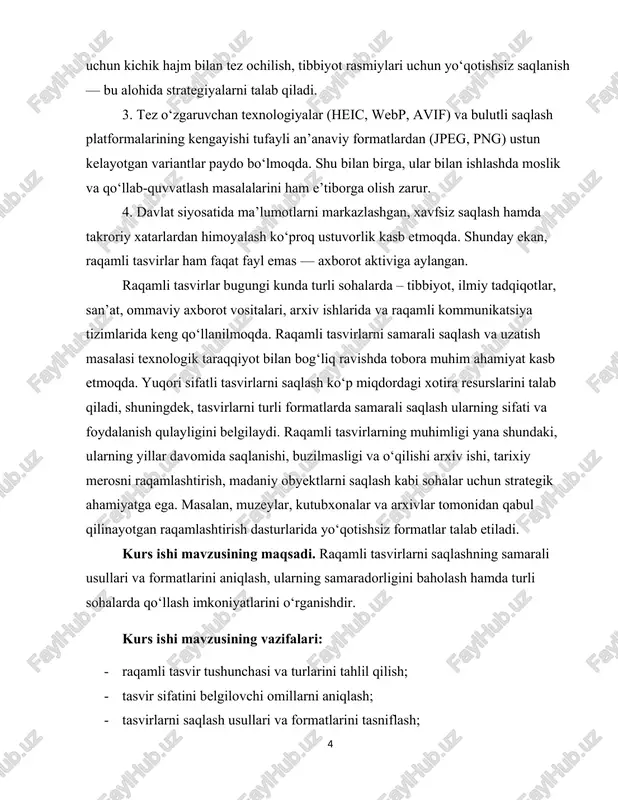 ter tomonidan ishlov berilishi mumkin va u internet orqali uzatilishi mumkin va bir necha bor buzilmasdan ko'chirilishi mumkin.3 raqamli tasvir — bu real dunyodagi ko‘rinish, obyekt yoki hodisaning raqamli shaklda ifodalanishidir. raqamli tasvir piksellar majmuasidan tashkil topadi. tasvirni raqamlashtirish jarayonida analog yorug‘lik signali diskret nuqtalarga bo‘linadi va har bir nuqta raqamli qiymat sifatida kodlanadi. shu sababli raqamli tasvirlar kompyuterlar, mobil qurilmalar, internet ilovalari va turli grafik dasturlar tomonidan qayta ishlanishi, saqlanishi va uzatilishi mumkin. raqamli tasvirlar nazariyasi bo‘yicha olimlar (gonzalez & woods, “digital image processing”) raqamli tasvirni ikki asosiy omil bilan izohlaydi: • tasvirning fazoviy (geometriyaviy) tuzilishi — piksel matritsa, • pikselning yorqinlik (intensivlik) qiymatlari — rang kodlari. piksel - bu rastrli tasvirning eng kichik elementi bo'lib, uning rangi kompyuter xotirasiga bitlarning ma'lum bir miqdori vositasida kiritiladi. masalan 800x600 suratda bu sonlar gorizontal bo'yicha (800) va vertikal bo'yicha (600) piksellar sonini belgilaydi. piksellar soni qanchalik ko'p bo'lsa tasvirning ekrandagi va …