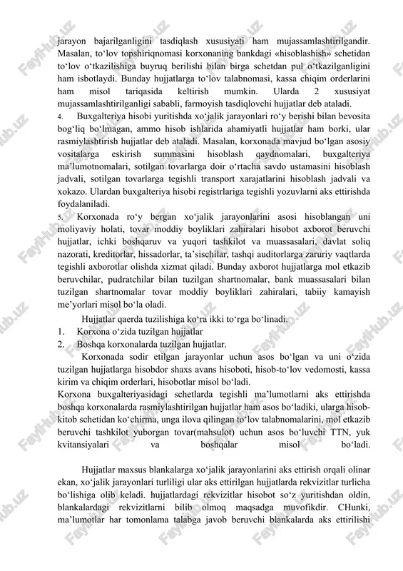 miylashtirish hujjatlar deb ataladi. masalan, korxonada mavjud bo‘lgan asosiy vositalarga eskirish summasini hisoblash qaydnomalari, buxgalteriya ma’lumotnomalari, sotilgan tovarlarga doir o‘rtacha savdo ustamasini hisoblash jadvali, sotilgan tovarlarga tegishli transport xarajatlarini hisoblash jadvali va xokazo. ulardan buxgalteriya hisobi registrlariga tegishli yozuvlarni aks ettirishda foydalaniladi. 5. korxonada ro‘y bergan xo‘jalik jarayonlarini asosi hisoblangan uni moliyaviy holati, tovar moddiy boyliklari zahiralari hisobot axborot beruvchi hujjatlar, ichki boshqaruv va yuqori tashkilot va muassasalari, davlat soliq nazorati, kreditorlar, hissadorlar, ta’sischilar, tashqi auditorlarga zaruriy vaqtlarda tegishli axborotlar olishda xizmat qiladi. bunday axborot hujjatlarga mol etkazib beruvchilar, pudratchilar bilan tuzilgan shartnomalar, bank muassasalari bilan tuzilgan shartnomalar tovar moddiy boyliklari zahiralari, tabiiy kamayish me’yorlari misol bo‘la oladi. hujjatlar qaerda tuzilishiga ko‘ra ikki to‘rga bo‘linadi. 1. korxona o‘zida tuzilgan hujjatlar 2. boshqa korxonalarda tuzilgan hujjatlar. korxonada sodir etilgan jarayonlar uchun asos bo‘lgan va uni o‘zida tuzilgan hujjatlarga hisobdor shaxs avans hisoboti, hisob-to‘lov vedomosti, kassa kirim va chiqim orderlari, hisobotlar misol …