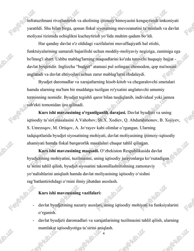 yasi kurs ishi mavzusining ilmiy-amaliy ahamiyati. tadqiqot natijalari ilmiy jihatdan davlat byudjetining iqtisodiy mohiyati va uning ijtimoiy-iqtisodiy barqarorlikdagi o‘rnini chuqur tahlil qilishga, fiskal siyosatning samaradorligini oshirishga xizmat qiladi. kurs ishining tuzilishi. ushbu kurs ishi kirish, 2 bob, 7 fasl, xulosa va foydalanilgan adabiyotlar ro'yhatidan iborat bo'lib, jami 45 betni tashkil etadi. 6 i bob. davlat byudjeti tushunchasi va tuzilishi 1.1. davlat byudjeti: tushunchasi, mohiyati va funksiyalari davlat byudjeti moliya iqtisodiy kategoriyasining tarkibiy qismi hisoblanadi. shu sababli davlat byudjeti iqtisodiy kategoriya davlatning o'z vazifa va funktsiyalarini bajarishi uchun zarur bo'lgan markazlashgan pul mablag'larining to'planishi, taqsimlanishi va sarflanishida yuzaga keladigan ob'ektiv pul munosabatlari yig'indisi sifatida tavsiflanishi mumkin. davlat byudjetining iqtisodiy kategoriya sifatidagi xususiyatlari uning shakli, moddiy mazmuni va mohiyati (iqtisodiy tabiati)da namoyon bo'ladi. shakl jihatidan davlat byudjeti - bu davlatning asosiy moliyaviy rejasi bo'lib, unda byudjet pul munosabatlari tizimi sifatida miqdor jihatidan ifodalanadi. binobarin, aynan byudjet rejasi mamlakatning muhim moliyaviy hujjati sifatida …