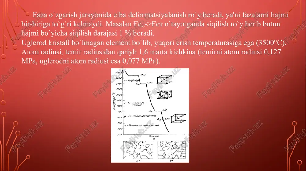 unday cho`yanlarni nomini kulrang cho`yan deb ataladi. lekin, uglerodni cho`yan strukturasida sof - grafit holatida bo`lishi uning mexanik xossalarini beqaror o`zgartiradi. cho`yanlarda grafit xususiyatini parchalash natijasida paydo bo`ladi va asosan u ajralish yuzalariga yoyiladi. demak, sementitni grafitga parchalash va grafit formasi cho`yan xossalari belgilaydi. shuning uchun ajralish yuzalarida yoyilayotgan grafit formasi uni hosil q?ilish usullariga qarab mashinasozlik cho`yanlarini 3 guruhga bo`lish mumkin: kulrang, yuqori mustahkamlikka ega bo`lgan sharsimon fafitli hamda bog`lanunchan cho`yanlar. oq cho`yanlardagi sementitni sof grafitga parchalash protsessiga grafit hosil qilish protsessi deb ataladi. umuman olganda cho`yanlarda stabil faza - grafitni hosil qilish to`g`ridan-to`g`ri suyuq (qattiq) qotishmadan ajratish mumkin yoki sementitni yonida stabil grafit fazapi hosil qilinganda temir-uglerod holat diagrammasida bir necha gradus temperatura farqi bilan faza o`zgarish chiziqlariga parallel chiziqlar hosil qilinadi, ya'ni metostabil temir-uglerod diagrammasi hosil bo`ladi. lekin suyuq fazada (yoki austenitda) grafit hosil bo`lishiga qaraganda metostabil sementitni hosil bo`lishi osonroq. grafit juda sokinlik bilan sovutilgandagina hosil …
