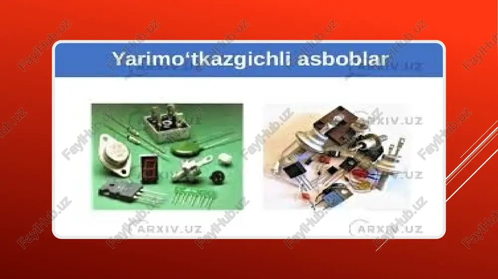 ratishdan iborat. tabiatda shunday moddalar borki ularning birlik hajmda elektronlar soni o‗tkazgichlarga nisbatan kam lekin dielektiriklarga nisbatan ko‗p, shu sababli bunday moddalar yarimo‗tkazgichlar deb ataldi. yarimo‗tkazgich moddalarda temperatura ortishi bilan solihtirma qarshiligi kamayadi. juda past temperaturalarda yarimo‗tkazgich moddalar dielektriklarga aylanadi. yarim o‘tkazgich bu solishtirma qarshiligi ρ metallning solishtirma qarshiligidan (ρm= 10-6 – 10-4 om sm) katta, o‘tkazgichlarning solishtirma qarshiligidan (ρm= 1011 – 1012 om sm) kichkina materiallar hisoblanadi. yarim o‘tkazgichlarga ge – germaniy, si – kremniy, undan tashqari bir qancha aralashmalar kiradi. past haroratlarda elektronlar kovalent bog‘lanishlarni hosil qiladi va erkin elektronlar mavjud bo‘lmaydi, bunda qarshilik juda katta bo‘ladi. foydalanilgan adabiyotlar 1. internet tarmoqlari 2. vikipendiyalar 3. ziyo.net e’tiboringiz uchun rahmat image1.jpeg image2.jpeg image3.jpeg image4.jpeg image5.jpeg image6.jpeg image7.jpeg image8.jpeg image9.jpeg image10.jpeg image11.jpeg /docprops/thumbnail.jpeg
