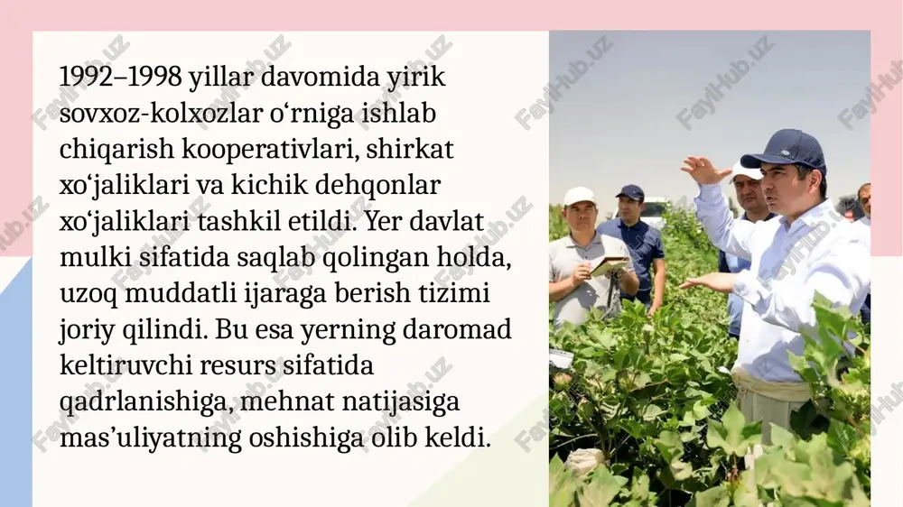 ‘zbekistonning sanoat eksporti tarkibida avvalgi yillardan farqli ravishda nafaqat xomashyo, balki tayyor mahsulotlar ulushi yuqorilab bormoqda. avtomobil, to‘qimachilik, oziq-ovqat, kimyo, farmatsevtika va metallurgiya mahsulotlari jahon bozorida o‘z o‘rnini topmoqda. xulosa o‘zbekiston mustaqillik yillarida qishloq xo‘jaligi va sanoat sohalarida chuqur, tizimli va bosqichma-bosqich olib borilgan islohotlar natijasida iqtisodiyotni modernizatsiya qilish, milliy ishlab chiqarishni barqaror rivojlantirish, xalq farovonligini oshirish borasida sezilarli natijalarga erishdi. qishloq xo‘jaligi bozor tamoyillariga mos ravishda qayta tashkil etildi, fermer xo‘jaliklari va klaster tizimi shakllandi, agrotexnologiyalar jadal joriy qilindi. sanoat esa iqtisodiyotning yetakchi tarmog‘iga aylanib, energiya, kimyo, avtomobilsozlik, yengil sanoat, farmatsevtika kabi sohalar yuksak darajada rivojlandi. bugungi kunda o‘zbekiston agrar-sanoat iqtisodiyotidan innovatsion, diversifikatsiya qilingan va raqobatbardosh iqtisodiyot sari odimlab bormoqda. bu esa mamlakatning iqtisodiy mustaqilligini yanada mustahkamlash, xalqaro maydondagi nufuzini oshirish hamda kelajak avlod uchun mustahkam asos yaratishda muhim ahamiyatga ega. foydalanilgan adabiyotlar ro‘yxati mirziyoyev sh.m. yangi o‘zbekiston taraqqiyot strategiyasi. — toshkent: o‘zbekiston, 2022. karimov i.a. o‘zbekiston mustaqillikka erishish …
