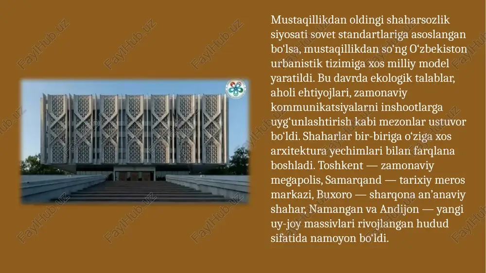 r barpo etildi. eng muhimi, arxitektura sohasida milliy maktab shakllandi, aholiga qulay, zamonaviy, ekologik barqaror hududlar yaratildi. mustaqillik arxitekturasi bugun nafaqat binolarda, balki jamiyat tafakkuri va estetik qarashlarida ham o‘z aksini topmoqda. foydalanilgan adabiyotlar mirziyoyev sh.m. yangi o‘zbekiston taraqqiyot strategiyasi. — toshkent: o‘zbekiston, 2022. o‘zbekiston respublikasi qurilish va arxitektura agentligi hisobotlari, 1991–2024. o‘zbekiston arxitekturasi va shaharsozligi taraqqiyoti. — toshkent: “sharq”, 2019. jalilov t., boltayev m. zamonaviy arxitektura asoslari. — toshkent: “fan”, 2020. unesco hisobotlari: samarqand, buxoro va xiva merosi, 2018–2024. tashkent city loyihalari bo‘yicha arxitektura katalogi. — toshkent, 2021. rasmiy statistika qo‘mitasi ma’lumotlari, 1991–2023. o‘zbekiston hududiy arxitektura boshqarmalari arxiv materiallari. image1.jpeg image2.jpeg image3.jpeg image4.jpeg image5.jpeg image6.jpeg image7.jpeg image8.jpeg image9.jpeg image10.jpeg image11.png /docprops/thumbnail.jpeg