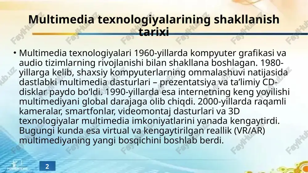 ri bugungi raqamli ta’lim va reklama tizimlarida muhim o‘rin tutadi. 10 multimedia va marketing sohasidagi inqilob multimedia texnologiyalari marketingda haqiqiy inqilob yaratdi. raqamli reklama, video roliklar, interaktiv bannerlar va ar tajribalari brend imijini mustahkamlashda asosiy vositaga aylandi. vizual kontent auditoriya e’tiborini jalb etishning eng samarali usuli hisoblanadi. shuningdek, ijtimoiy tarmoqlar orqali foydalanuvchi bilan ikki tomonlama aloqa o‘rnatish imkoniyati reklama samaradorligini oshirdi. bugungi brendlar uchun multimedia kontenti – bu marketing strategiyasining yuragi hisoblanadi. 11 multimedia jurnalistikasi multimedia jurnalistikasi – bu matn, foto, audio, video va infografikani birlashtirib, yangiliklarni interaktiv shaklda taqdim etish usulidir. onlayn nashrlar bugungi kunda ko‘p formatli kontent ishlab chiqib, o‘quvchining e’tiborini jalb etadi. masalan, video-reportajlar, audio-podkastlar va vizual maqolalar an’anaviy matbuotni raqamli shaklga o‘tkazdi. bunday yondashuv axborotni tez, ishonchli va hissiy ta’sirli tarzda yetkazish imkonini beradi. 12 multimedia san’ati va kreativ yo‘nalishlar multimedia san’ati – texnologiya va ijodning uyg‘unlashgan shaklidir. san’atkorlar raqamli tasvir, tovush va harakat orqali yangi …