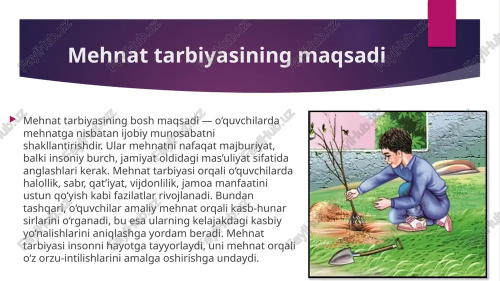 di. mehnat tarbiyasi – inson axloqining ko‘zgusi, jamiyat taraqqiyotining poydevoridir. foydalanilgan adabiyotlar roʻyxati 1. xolmirzaev, s. maktabda mehnat tarbiyasi metodik qo‘llanma. toshkent: o‘qituvchi, 2017. 2. islomov, a. o‘quvchilarni mehnatga tarbiyalash asoslari. toshkent: ilm, 2019. 3. o‘zbekiston respublikasi ta’lim vazirligi. maktab ta’limida mehnat tarbiyasi bo‘yicha tavsiyalar. toshkent: ta’lim nashriyoti, 2020. 4. karimov, b. mehnat va axloqiy tarbiya metodik qo‘llanma. toshkent: sharq, 2018. image1.jpeg image2.jpeg image3.jpeg image4.jpeg image5.jpeg /docprops/thumbnail.jpeg