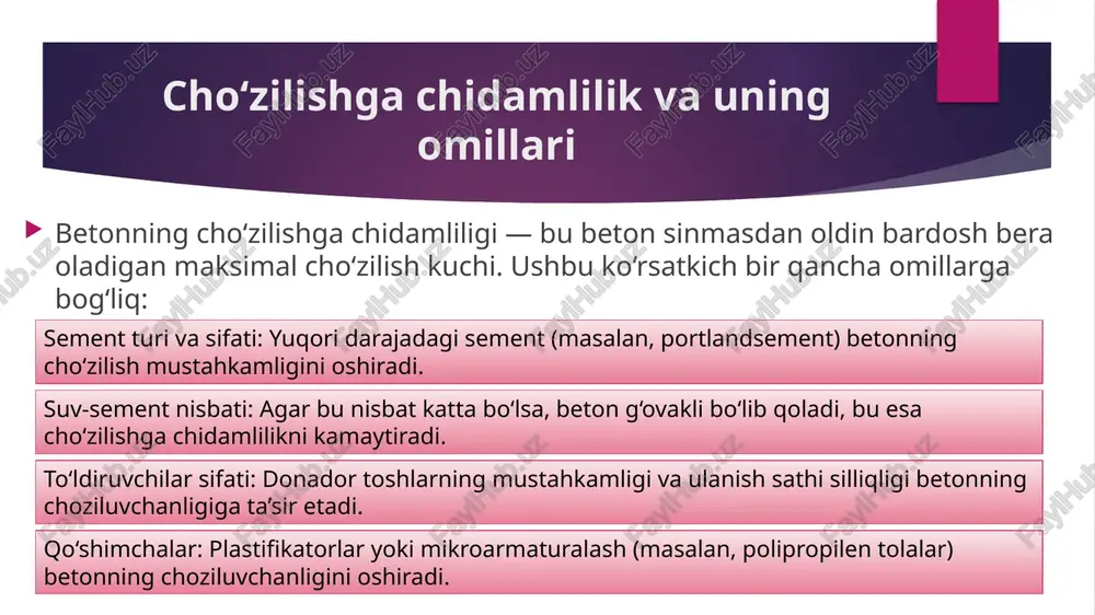 gi oshadi. bu usul ko‘priklar, binolar karkaslari, plitalar va ustunlarda keng qo‘llaniladi. xulosa betonning choziluvchanligi va qisqarishi uning sifatini belgilovchi asosiy fizik-mexanik ko‘rsatkichlardir. cho‘zilish va qisqarish jarayonlarini nazorat qilish — beton konstruksiyalarni uzoq muddat barqaror saqlashning muhim sharti. sifatli material tanlash, to‘g‘ri texnologik rejimda quyish, namlikni nazorat qilish va armaturalash orqali bu deformatsiyalarni kamaytirish mumkin. shunday chora-tadbirlar tufayli beton konstruksiyalar mustahkam, bardoshli va uzoq umrli bo‘ladi 1. betonning choziluvchanligi deganda nimani tushunamiz? a) betonning suvni singdirish qobiliyati b) betonning deformatsiyalanish, ya’ni cho‘zilish kuchlariga bardosh berish xususiyati c) betonning haroratga chidamliligi d) betonning zichligi ✅ javob: b 2. betonning cho‘zilishdagi mustahkamligi odatda siqilishdagi mustahkamligiga nisbatan necha marta kam bo‘ladi? a) 2–3 marta b) 4–5 marta c) 8–12 marta d) 15–20 marta ✅ javob: c 3. betonda cho‘zilish kuchi ta’sirida dastlab qanday deformatsiya yuz beradi? a) plastik deformatsiya b) elastik deformatsiya c) kimyoviy deformatsiya d) haroratli deformatsiya ✅ javob: b 4. cho‘zilish …