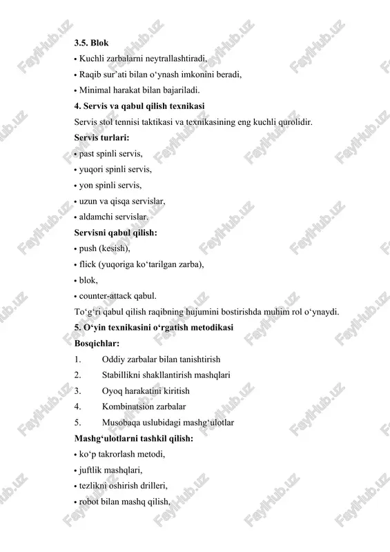 i. foydalanilgan adabiyotlar ro‘yxati 1. ittf. table tennis coaching manual. international table tennis federation, 2020. 2. larry hodges. table tennis: steps to success. human kinetics, 2018. 3. alex polyakov. advanced table tennis techniques. sports masters press, 2019. 4. richard mcafee. table tennis fundamentals. human kinetics, 2014. 5. xu xin & liu guoliang. modern table tennis techniques. beijing sports press, 2017. 6. ilyin v. metodika obucheniya nastolnomu tennisu. moskva: sport, 2016. 7. karimov u. stol tennisi o‘yin texnikasi va metodikasi. toshkent: o‘zdjtsu nashriyoti, 2021. 8. platonov v.n. podgotovka sportsmena v sovremennom sporte. kiev, 2015. 9. usatt coaching resources, 2022. 10. sharipov b. sport texnikasi asoslari. toshkent, 2019.