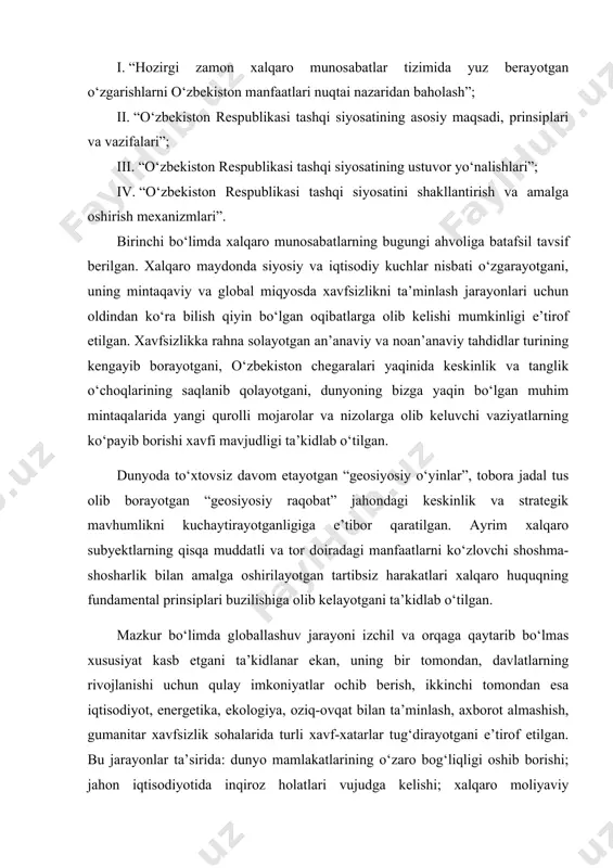 qtisodiy xavfsizlik sohalarida qaror topayotgan jarayonlar inobatga olingan. konsepsiya “umumiy qoidalar” va to‘rtta bo‘limdan iborat: i. “hozirgi zamon xalqaro munosabatlar tizimida yuz berayotgan o‘zgarishlarni o‘zbekiston manfaatlari nuqtai nazaridan baholash”; ii. “o‘zbekiston respublikasi tashqi siyosatining asosiy maqsadi, prinsiplari va vazifalari”; iii. “o‘zbekiston respublikasi tashqi siyosatining ustuvor yo‘nalishlari”; iv. “o‘zbekiston respublikasi tashqi siyosatini shakllantirish va amalga oshirish mexanizmlari”. birinchi bo‘limda xalqaro munosabatlarning bugungi ahvoliga batafsil tavsif berilgan. xalqaro maydonda siyosiy va iqtisodiy kuchlar nisbati o‘zgarayotgani, uning mintaqaviy va global miqyosda xavfsizlikni ta’minlash jarayonlari uchun oldindan ko‘ra bilish qiyin bo‘lgan oqibatlarga olib kelishi mumkinligi e’tirof etilgan. xavfsizlikka rahna solayotgan an’anaviy va noan’anaviy tahdidlar turining kengayib borayotgani, o‘zbekiston chegaralari yaqinida keskinlik va tanglik o‘choqlarining saqlanib qolayotgani, dunyoning bizga yaqin bo‘lgan muhim mintaqalarida yangi qurolli mojarolar va nizolarga olib keluvchi vaziyatlarning ko‘payib borishi xavfi mavjudligi ta’kidlab o‘tilgan. dunyoda to‘xtovsiz davom etayotgan “geosiyosiy o‘yinlar”, tobora jadal tus olib borayotgan “geosiyosiy raqobat” jahondagi keskinlik va strategik mavhumlikni …